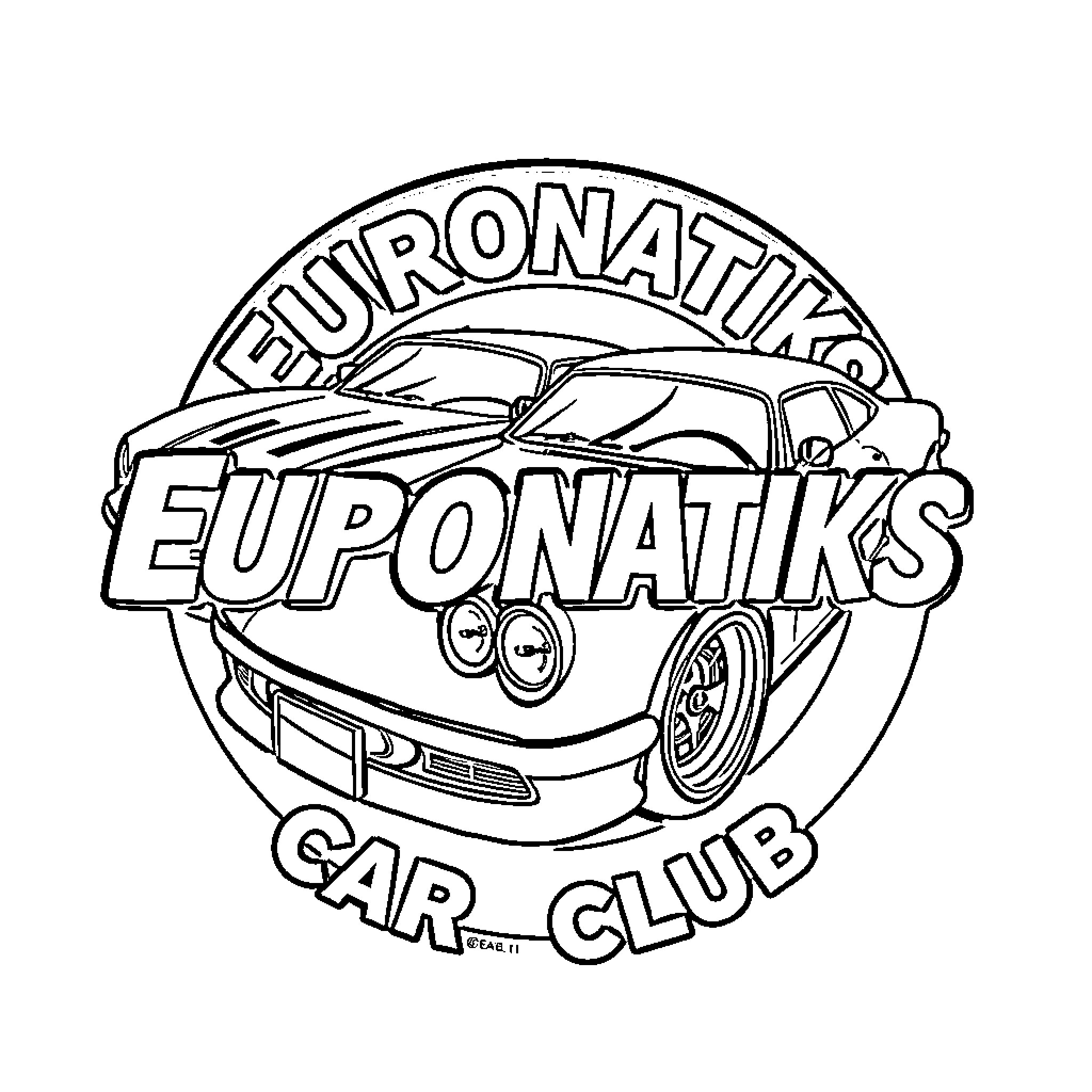 Car Club Members Gather at Euponatiks Car Club Coloring Page (free black-and-white line drawing printable PDF for all, from beginners to advanced learners, including children, teens, adults, and seniors)