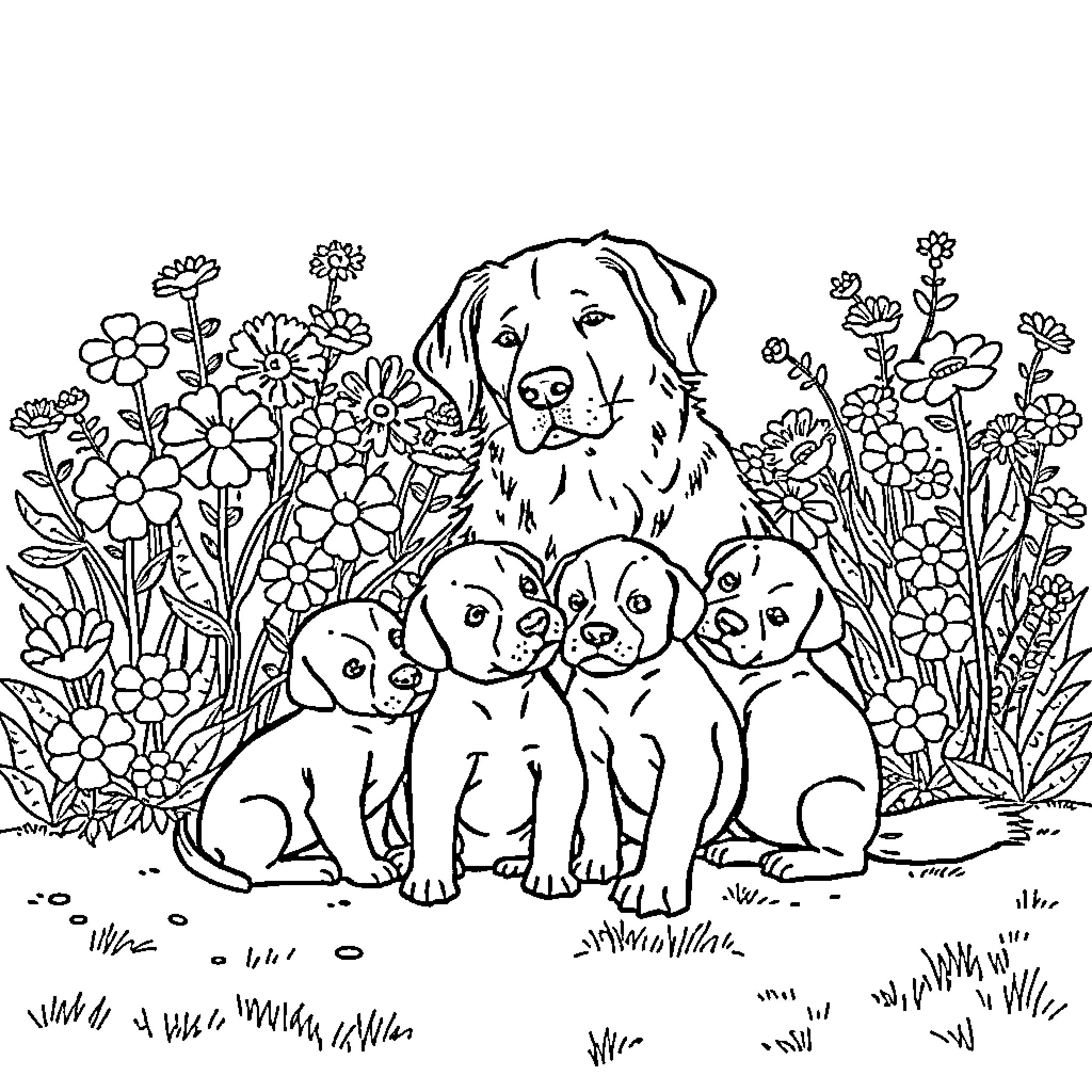 Dog with Puppies in Flower Garden Coloring Page (free black-and-white line drawing printable PDF for all, from beginners to advanced learners, including children, teens, adults, and seniors)