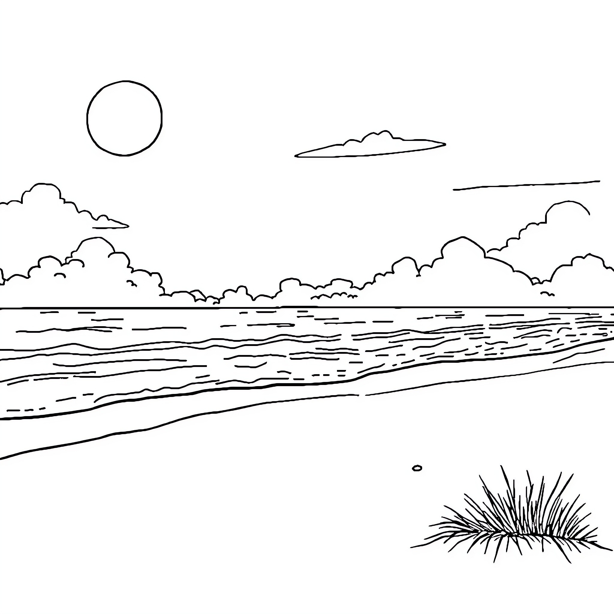 Beach scenery with clouds and sun Coloring Page (free black-and-white line drawing printable PDF for all, from beginners to advanced learners, including children, teens, adults, and seniors)