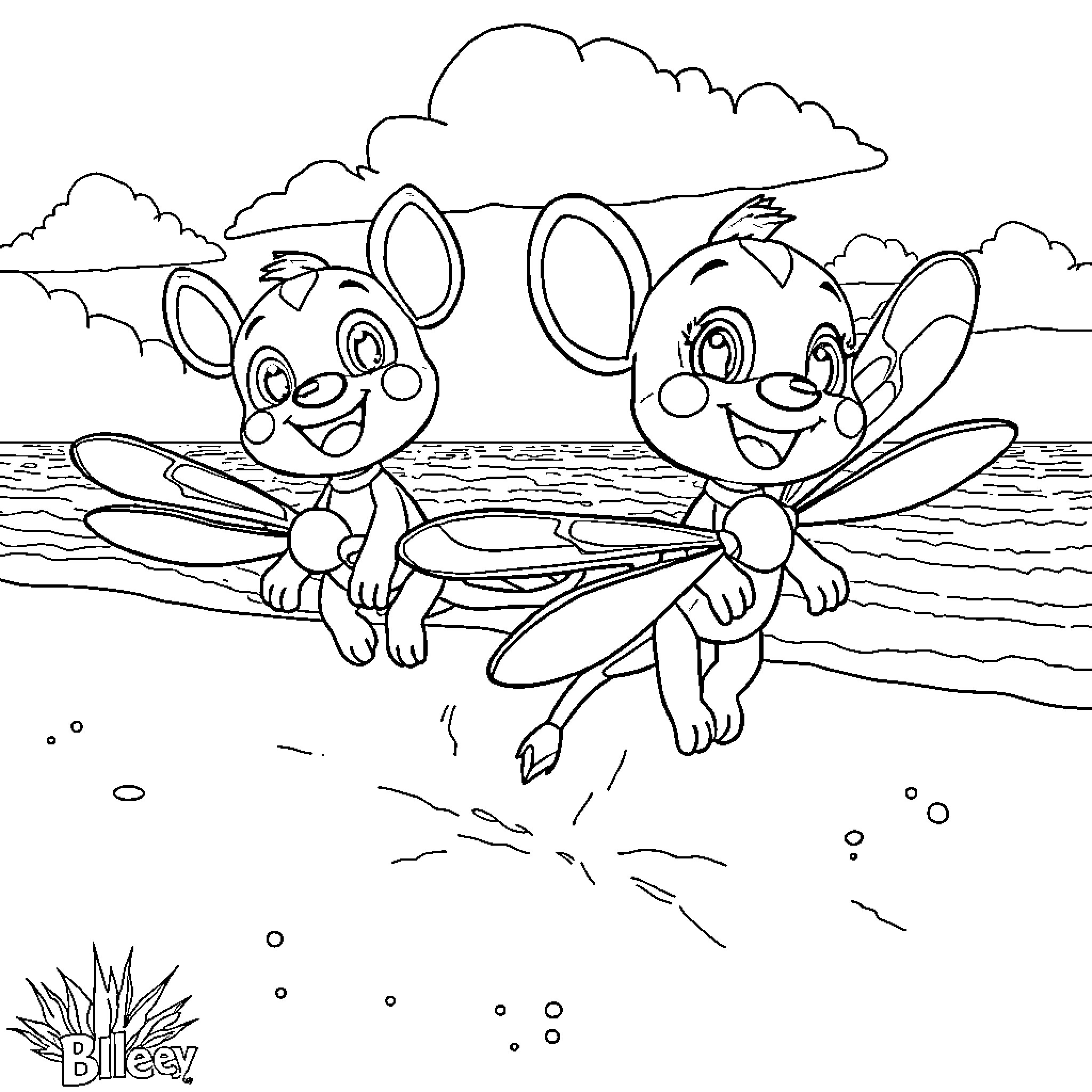 Bluey's playful adventure with friends by the sea Coloring Page (free black-and-white line drawing printable PDF for all, from beginners to advanced learners, including children, teens, adults, and seniors)