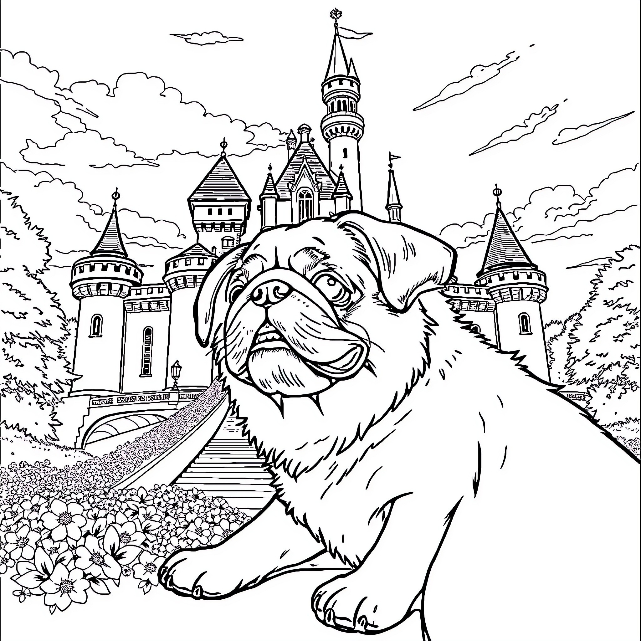Shih Tzu enjoying the view of a castle Coloring Page (free black-and-white line drawing printable PDF for all, from beginners to advanced learners, including children, teens, adults, and seniors)