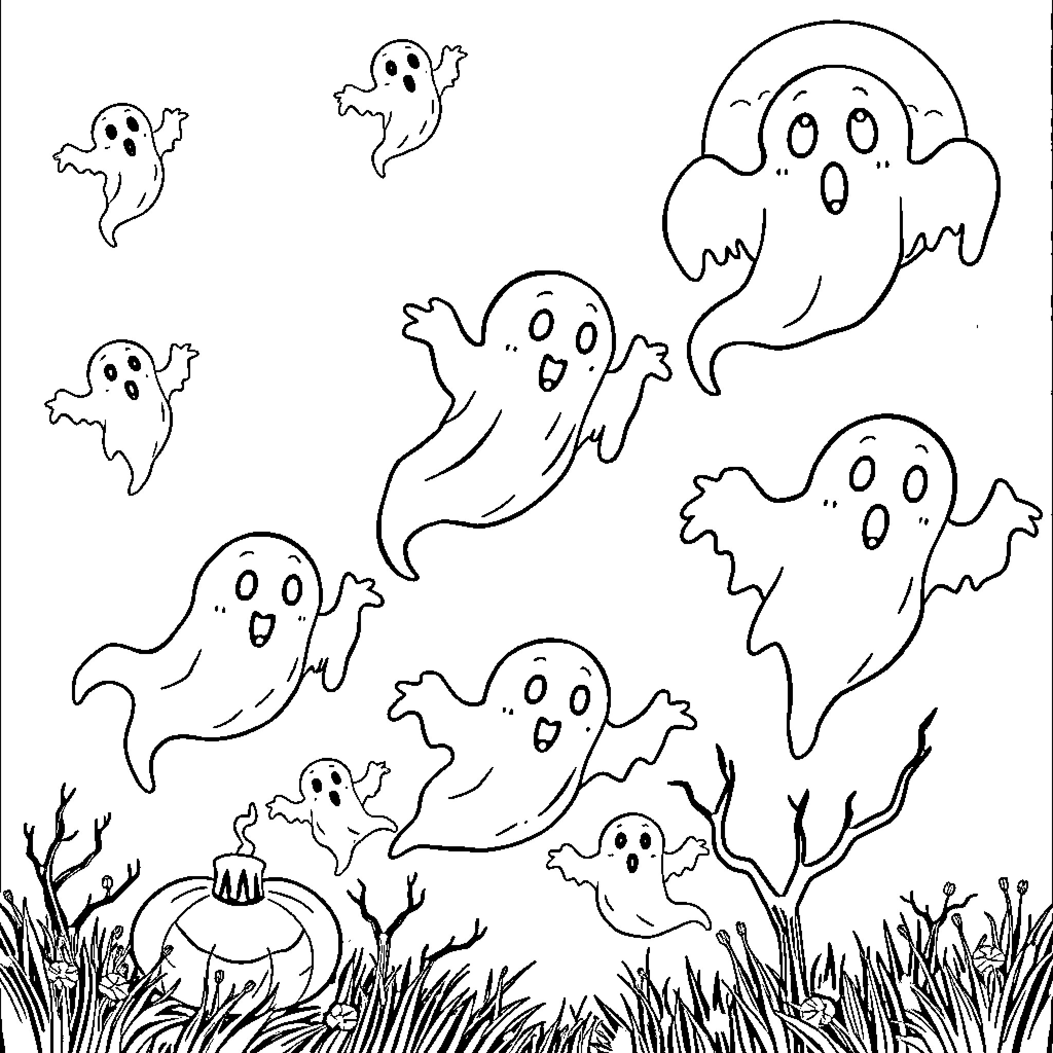 Ghost figures floating in a spooky scene Coloring Page (free black-and-white line drawing printable PDF for all, from beginners to advanced learners, including children, teens, adults, and seniors)