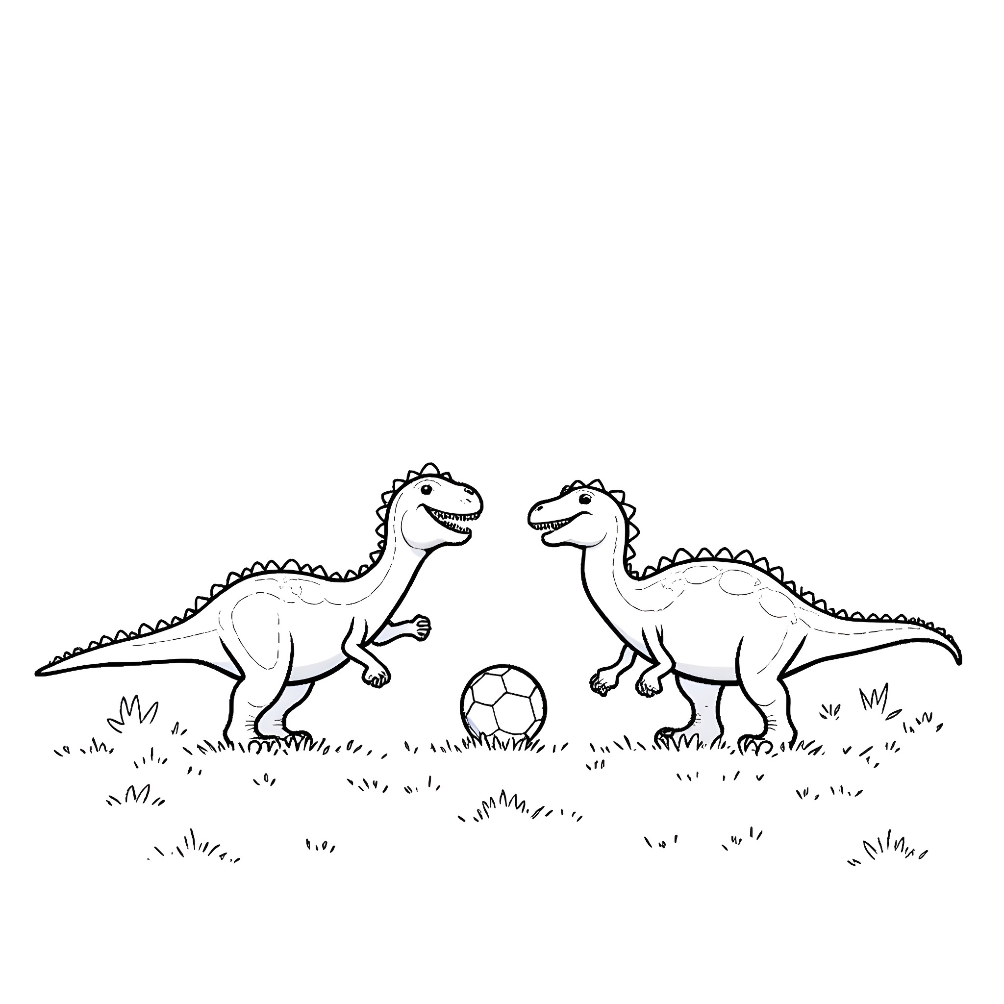 Dinosaurs playing with a ball in the meadow Coloring Page (free black-and-white line drawing printable PDF for all, from beginners to advanced learners, including children, teens, adults, and seniors)
