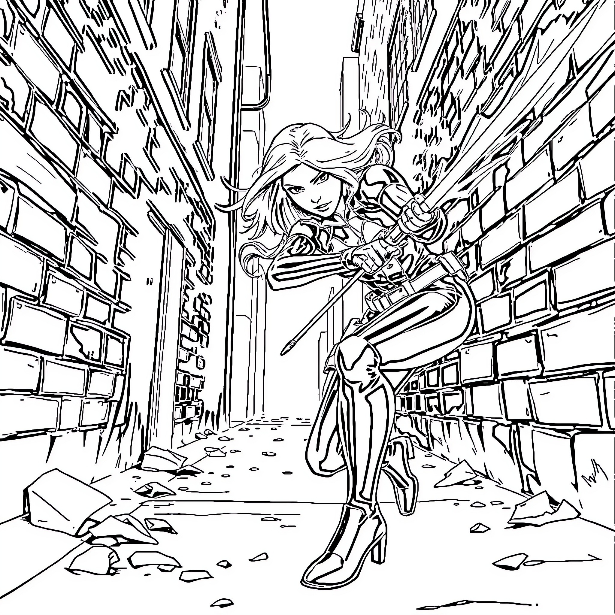 Widow's Heroic Stance in Ruined City Coloring Page (free black-and-white line drawing printable PDF for all, from beginners to advanced learners, including children, teens, adults, and seniors)