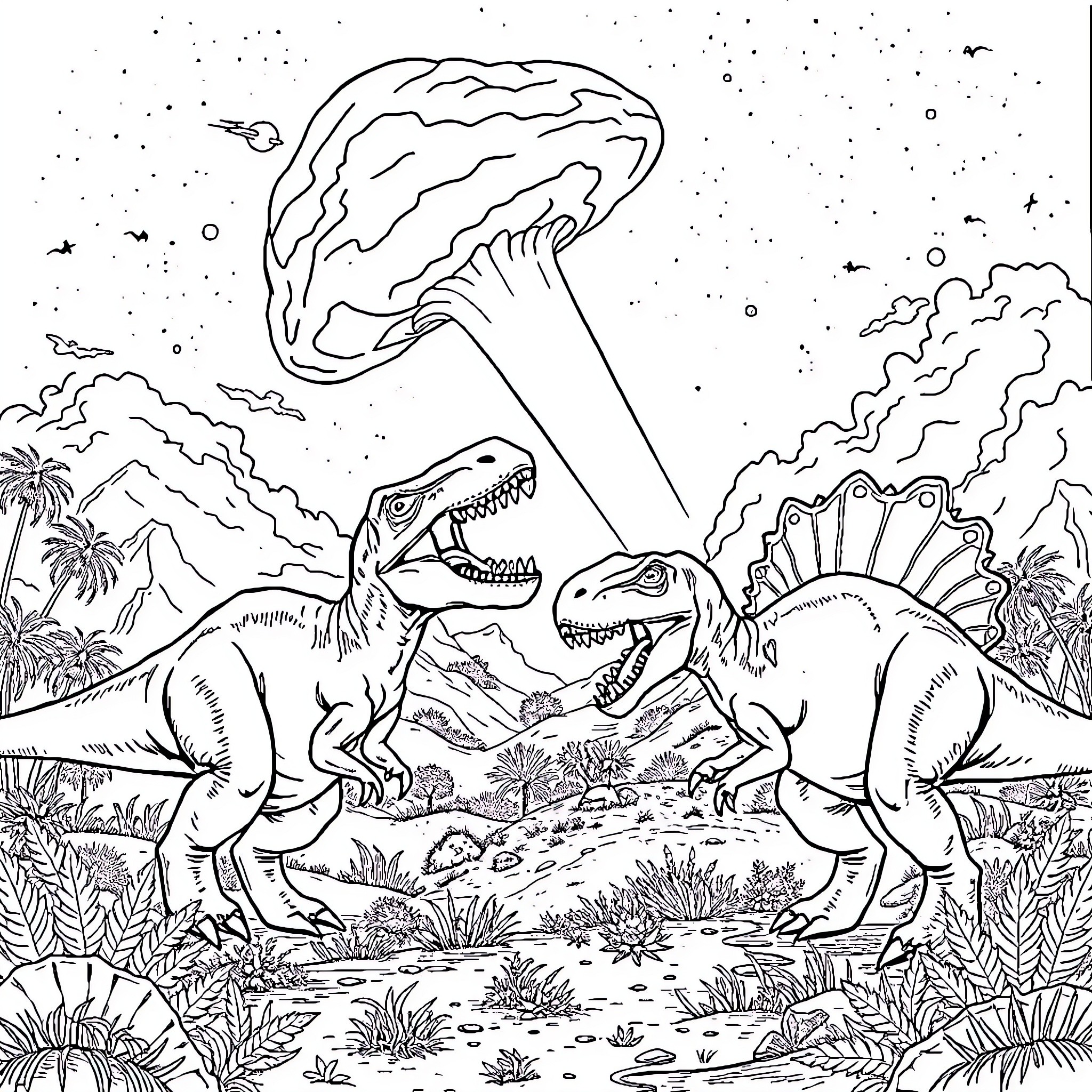 Dinosaurs battling in the prehistoric landscape Coloring Page (free black-and-white line drawing printable PDF for all, from beginners to advanced learners, including children, teens, adults, and seniors)