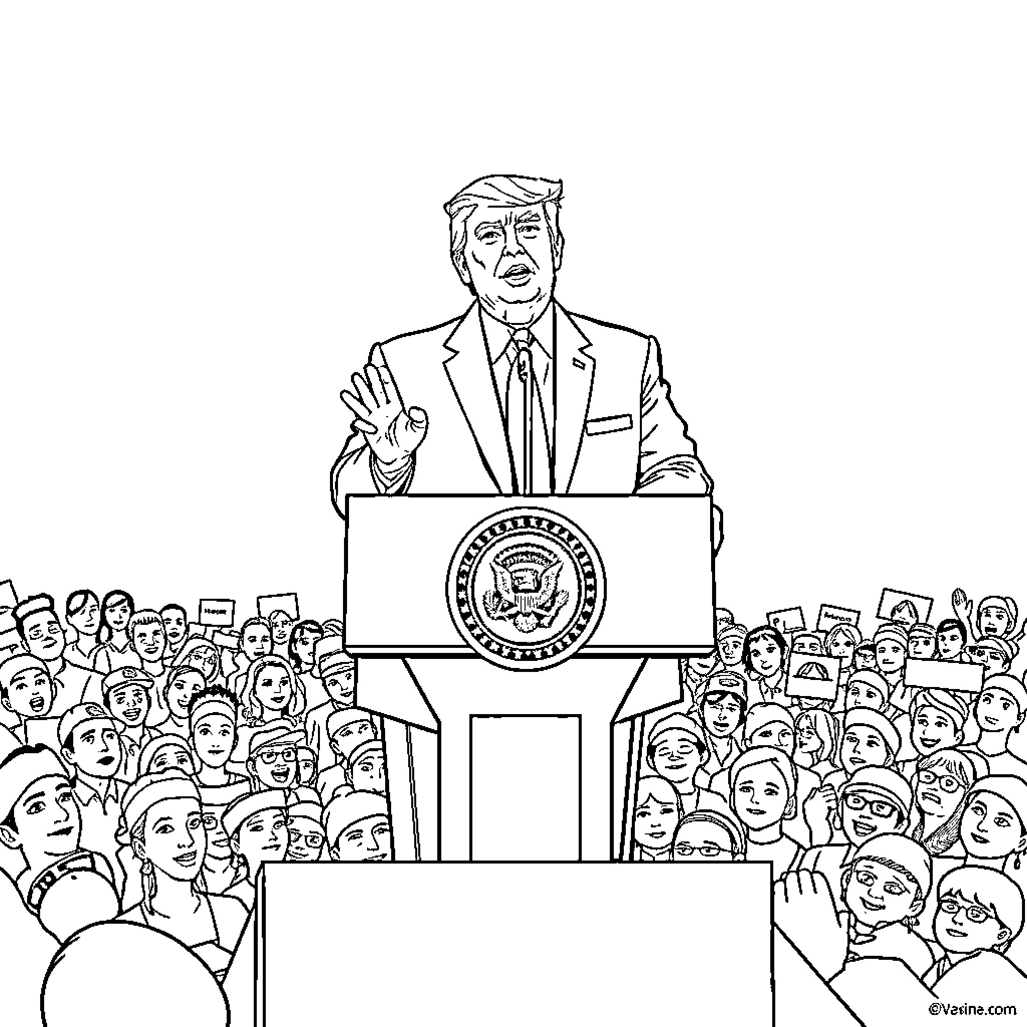 Trump speaking passionately at a political rally Coloring Page (free black-and-white line drawing printable PDF for all, from beginners to advanced learners, including children, teens, adults, and seniors)