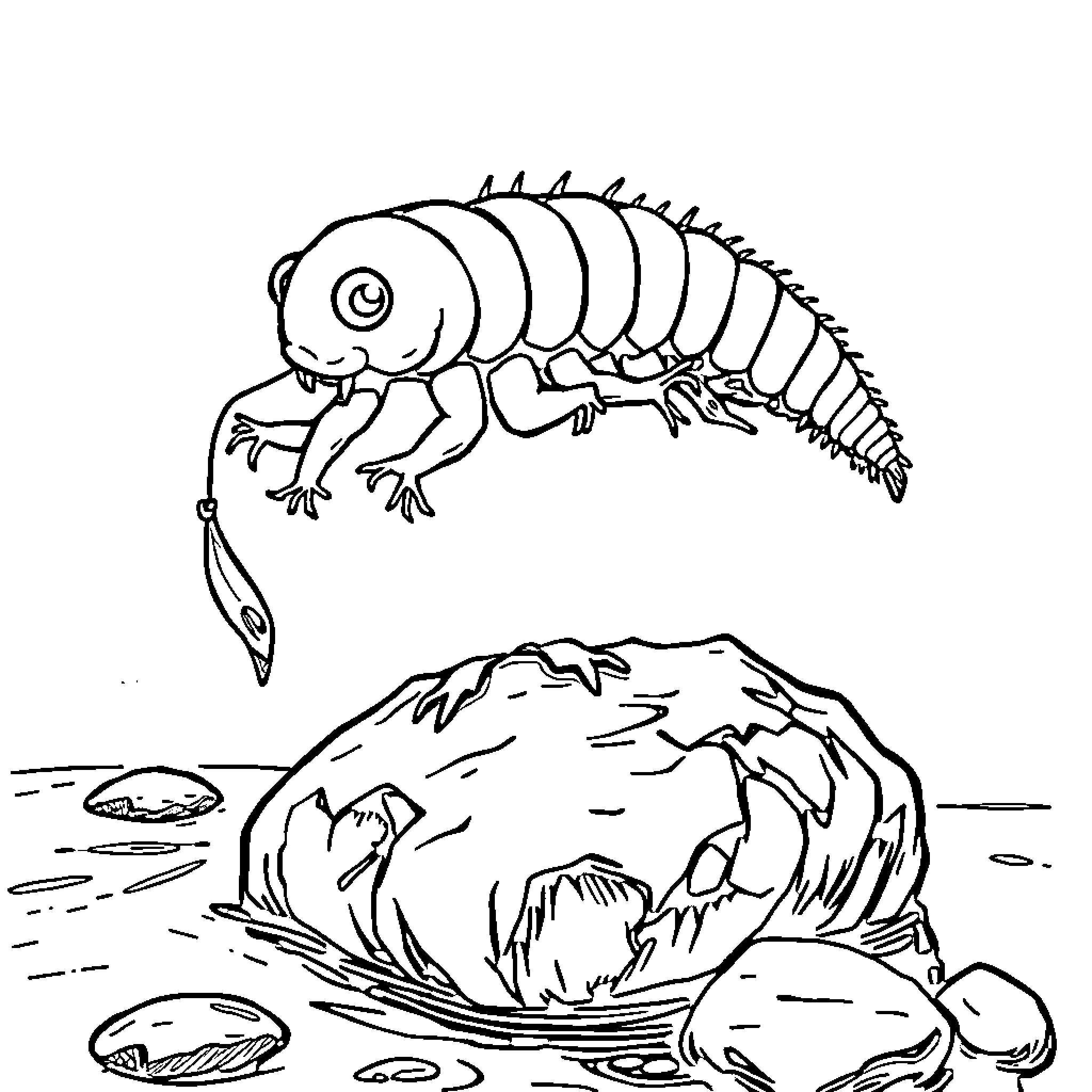 Tardigrade exploring the rocky terrain Coloring Page (free black-and-white line drawing printable PDF for all, from beginners to advanced learners, including children, teens, adults, and seniors)