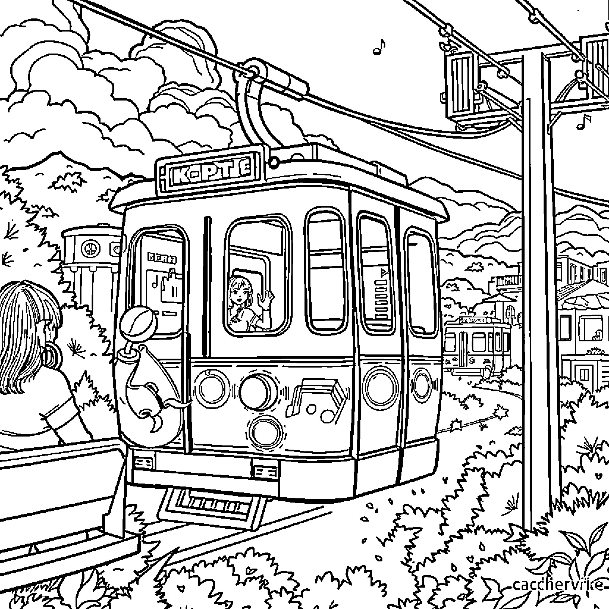 K Pop Themed Trolley Riding in Scenic Landscape Coloring Page (free black-and-white line drawing printable PDF for all, from beginners to advanced learners, including children, teens, adults, and seniors)