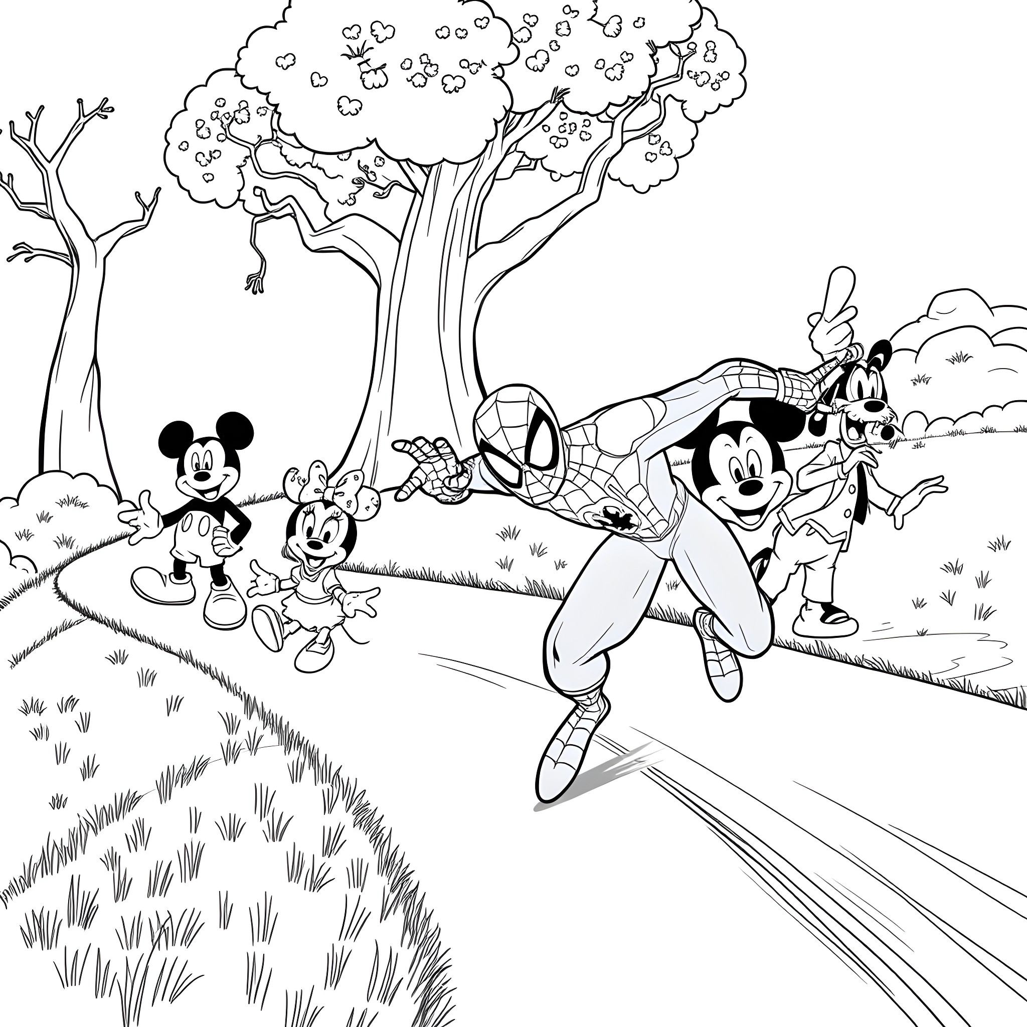 Spider-Man swinging through the park with Disney characters Coloring Page (free black-and-white line drawing printable PDF for all, from beginners to advanced learners, including children, teens, adults, and seniors)