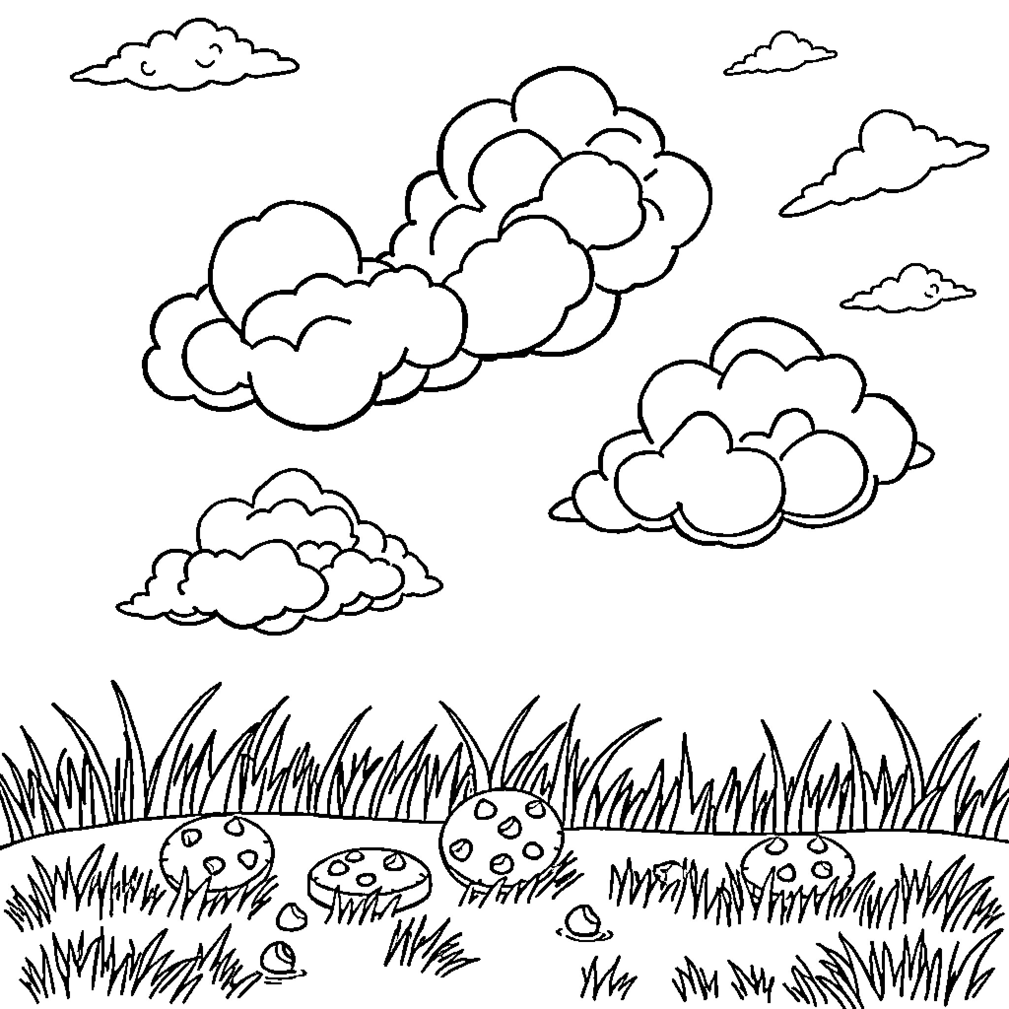 Clouds drifting serenely over a grassy field Coloring Page (free black-and-white line drawing printable PDF for all, from beginners to advanced learners, including children, teens, adults, and seniors)