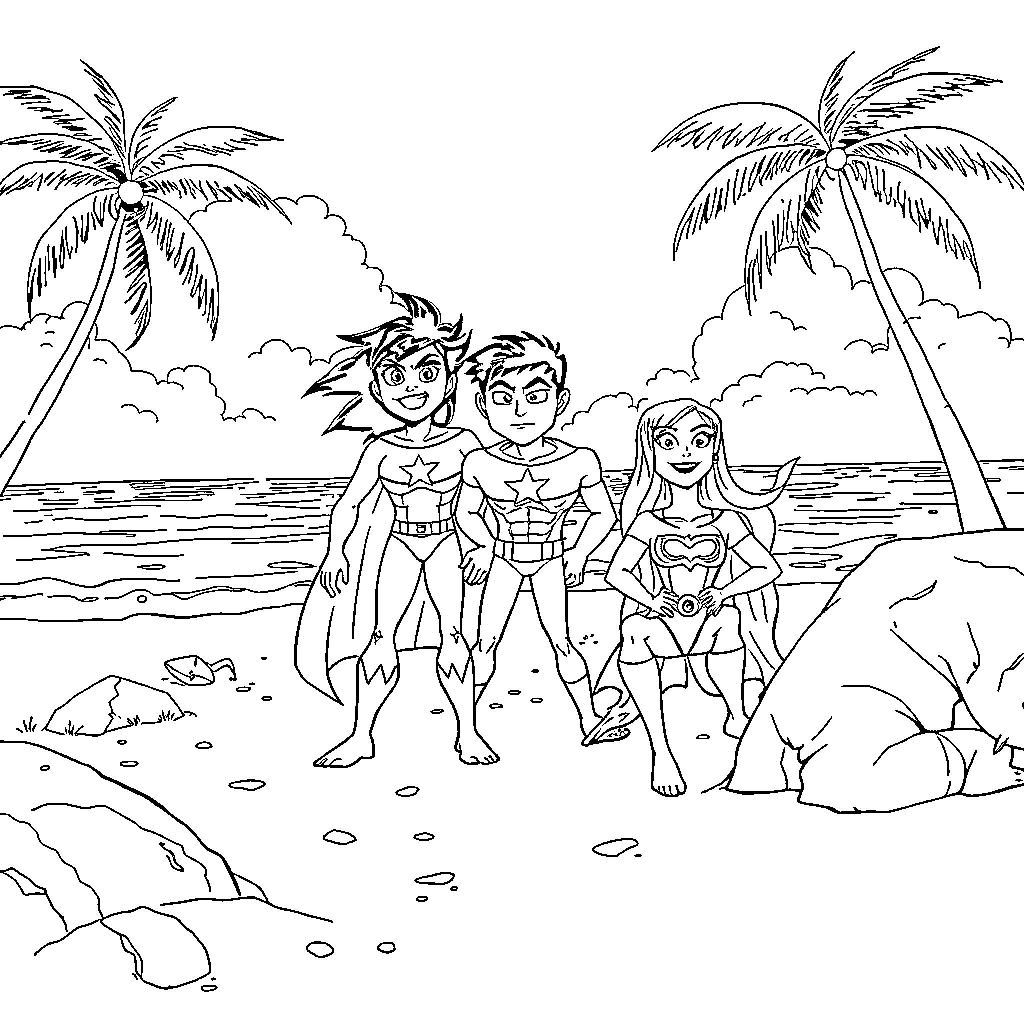 Titan heroes enjoying the tropical beach Coloring Page (free black-and-white line drawing printable PDF for all, from beginners to advanced learners, including children, teens, adults, and seniors)