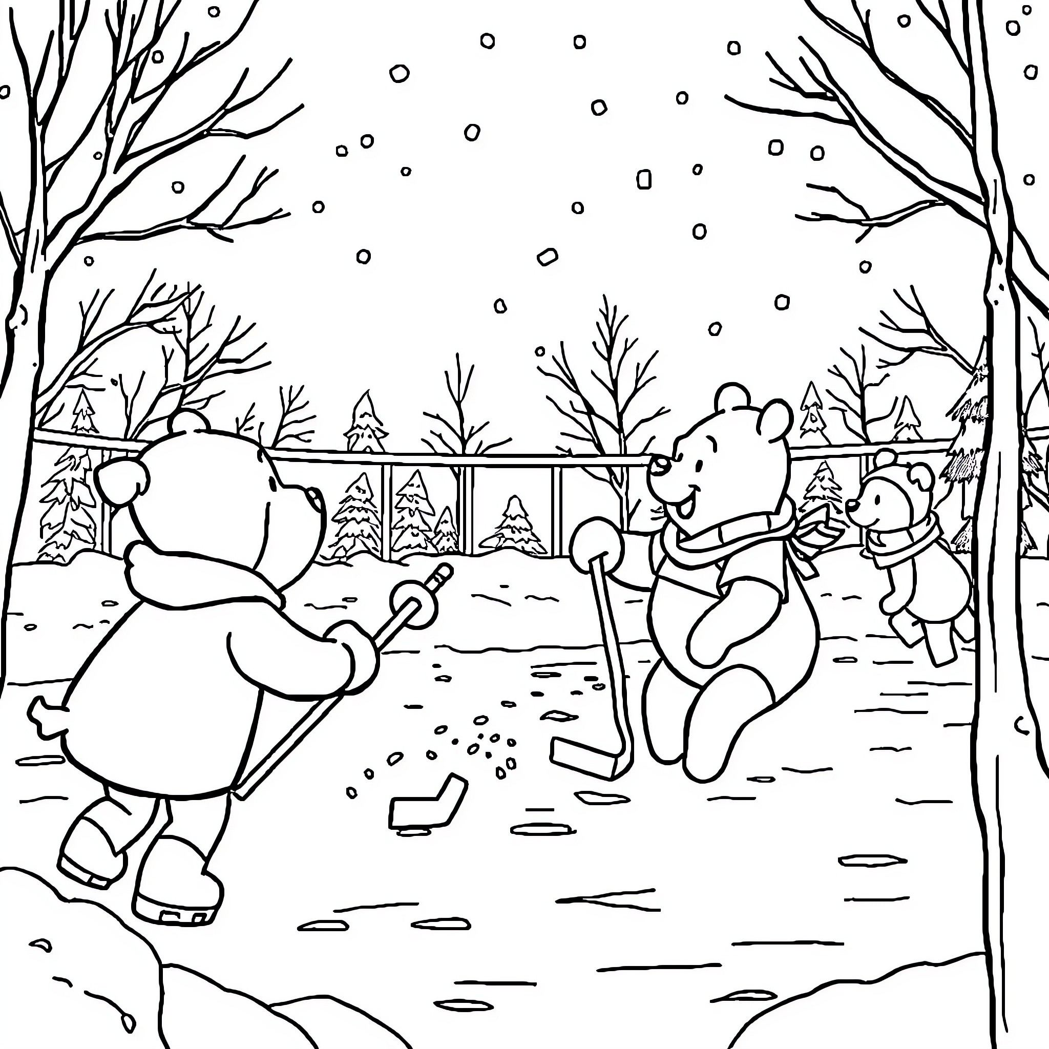 Winnie The Pooh and friends playing in the snowy forest Coloring Page (free black-and-white line drawing printable PDF for all, from beginners to advanced learners, including children, teens, adults, and seniors)