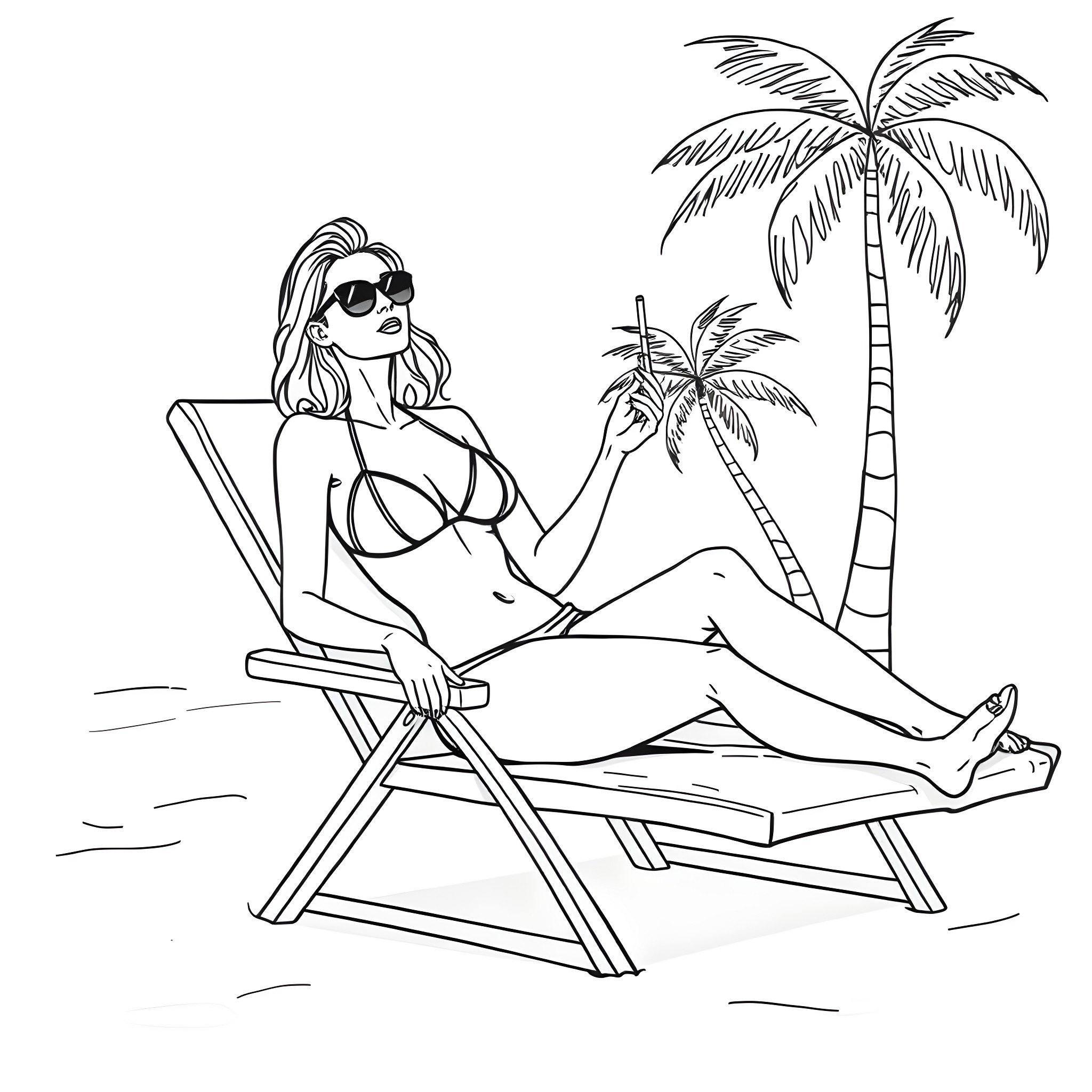 Woman relaxing on beach chair under palm trees Coloring Page (free black-and-white line drawing printable PDF for all, from beginners to advanced learners, including children, teens, adults, and seniors)