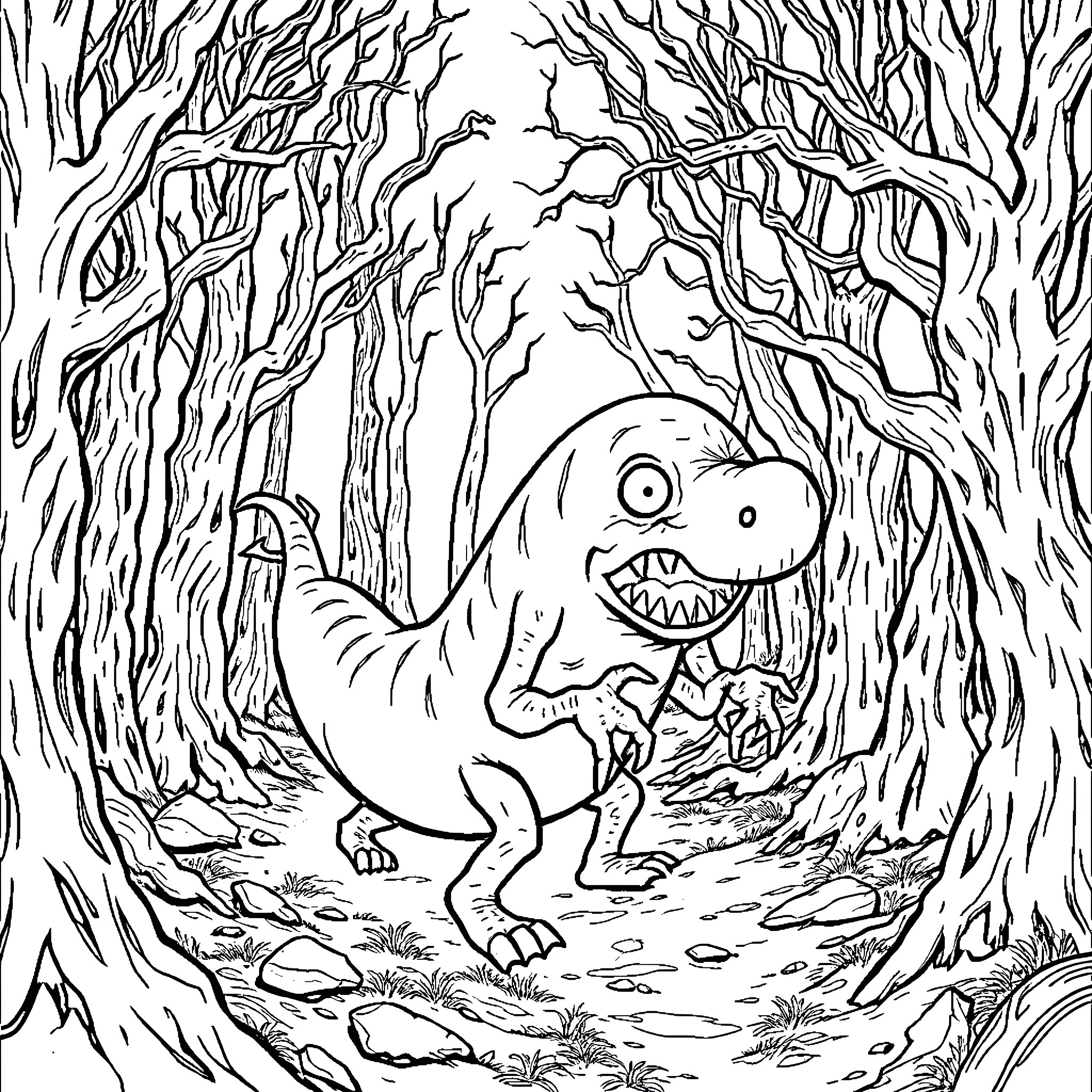 Monster Dinosaur Exploring the Enchanted Forest Coloring Page (free black-and-white line drawing printable PDF for all, from beginners to advanced learners, including children, teens, adults, and seniors)
