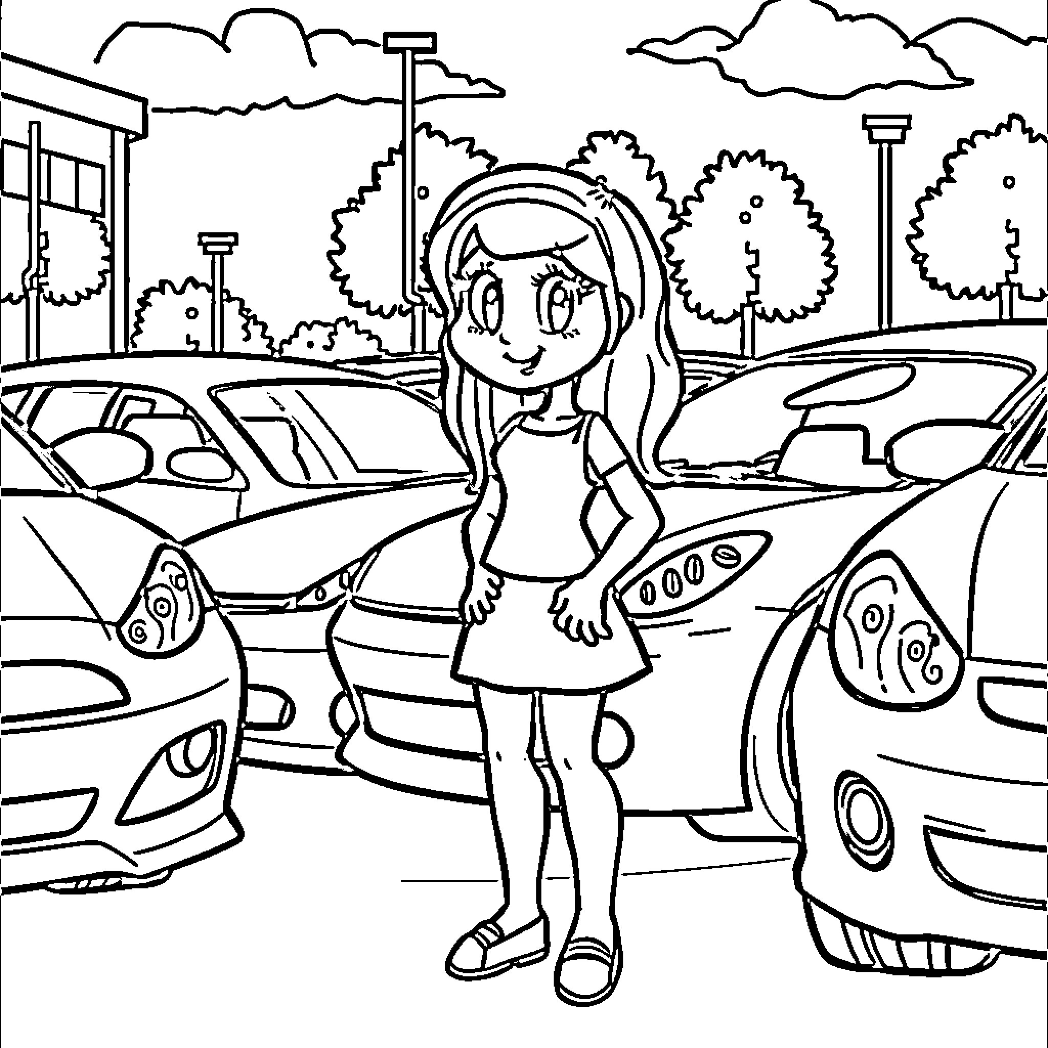 Sally enjoys the outdoor parking lot Coloring Page (free black-and-white line drawing printable PDF for all, from beginners to advanced learners, including children, teens, adults, and seniors)