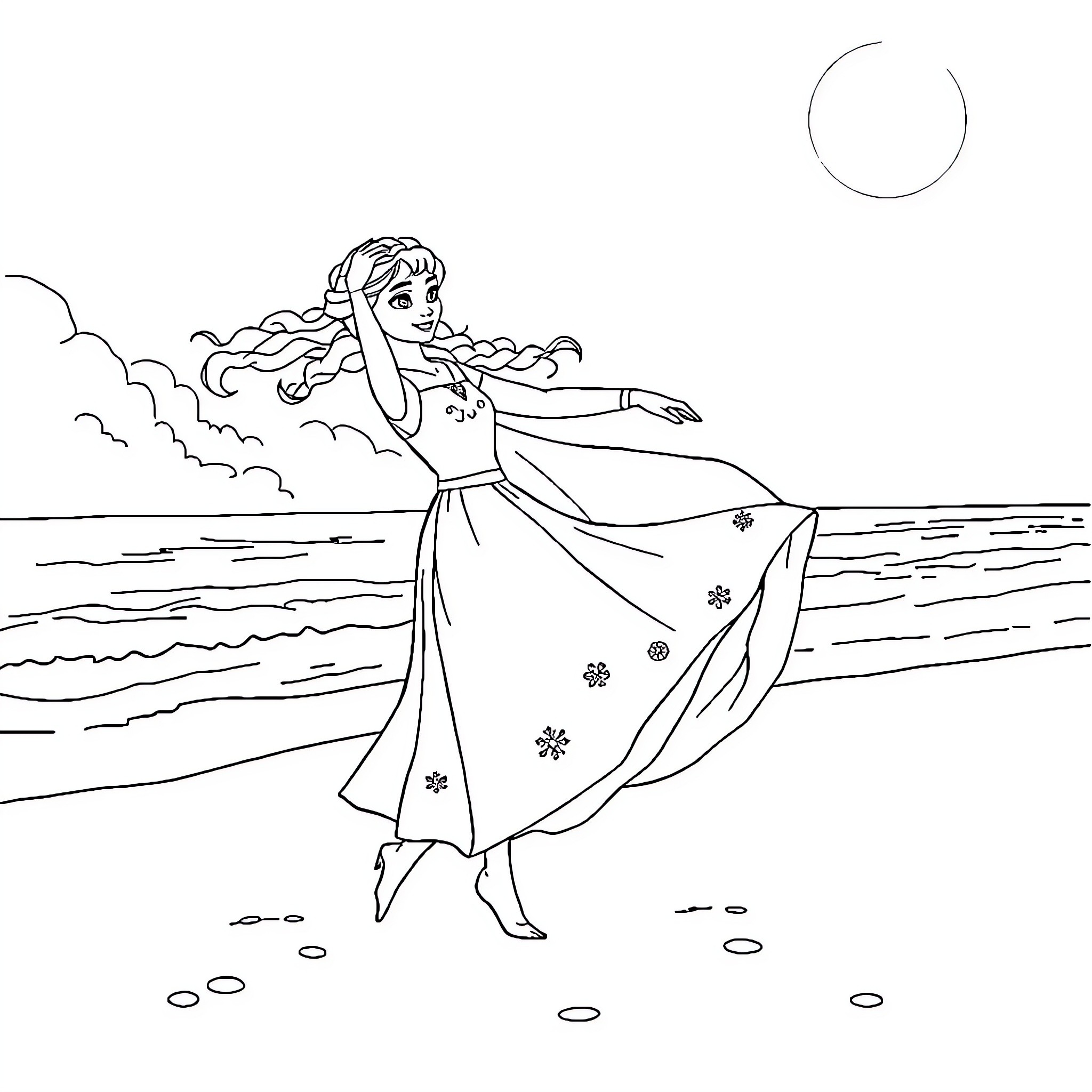 Anna enjoying a peaceful seaside stroll Coloring Page (free black-and-white line drawing printable PDF for all, from beginners to advanced learners, including children, teens, adults, and seniors)