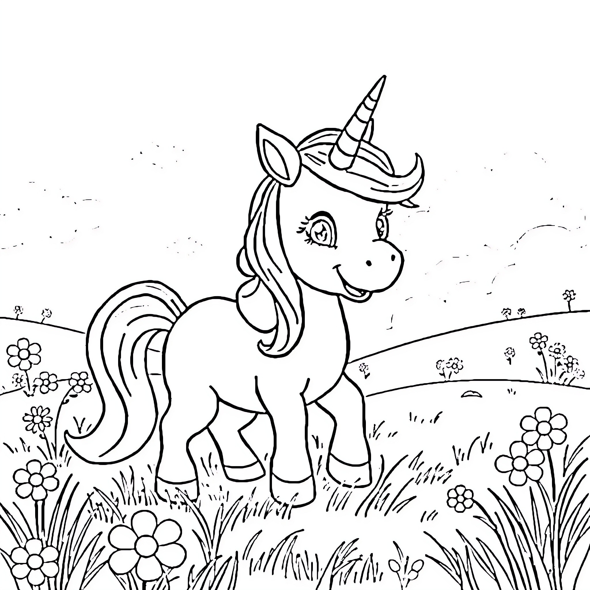 Unicorn exploring a whimsical floral meadow Coloring Page (free black-and-white line drawing printable PDF for all, from beginners to advanced learners, including children, teens, adults, and seniors)