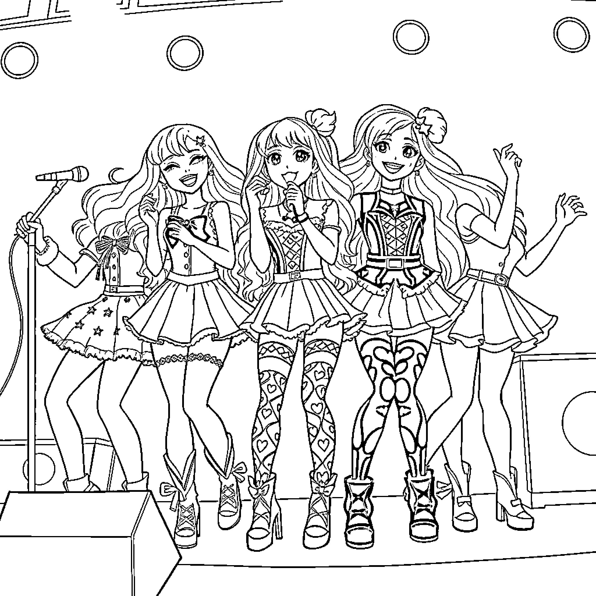 Lolirock Band Members Performing on Stage Coloring Page (free black-and-white line drawing printable PDF for all, from beginners to advanced learners, including children, teens, adults, and seniors)