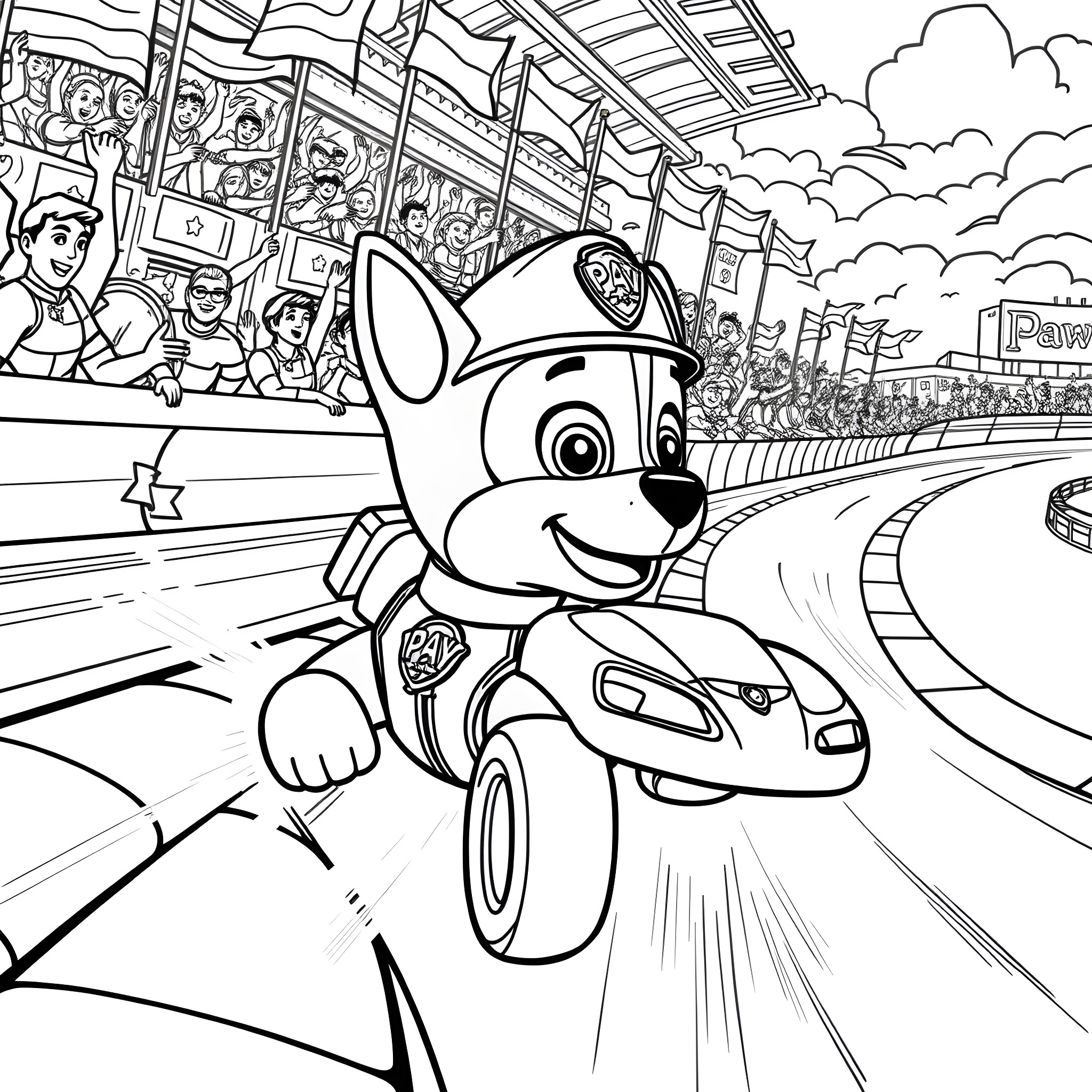 Chase for the Paw Patrol Adventure Coloring Page (free black-and-white line drawing printable PDF for all, from beginners to advanced learners, including children, teens, adults, and seniors)