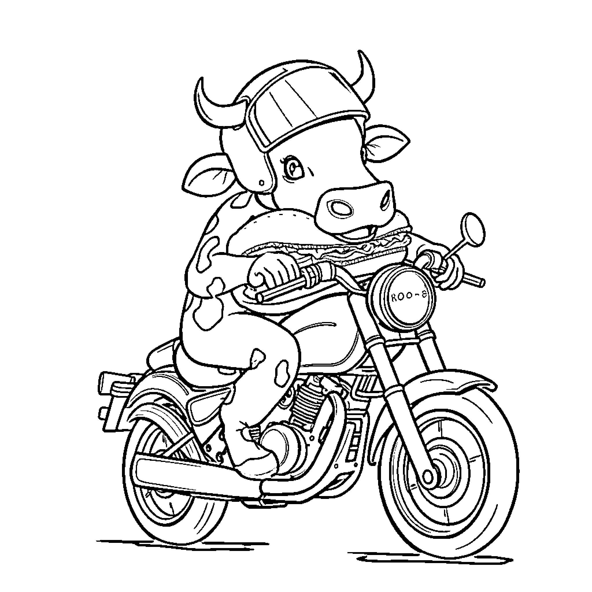 Cow riding a motorcycle with enthusiasm Coloring Page (free black-and-white line drawing printable PDF for all, from beginners to advanced learners, including children, teens, adults, and seniors)