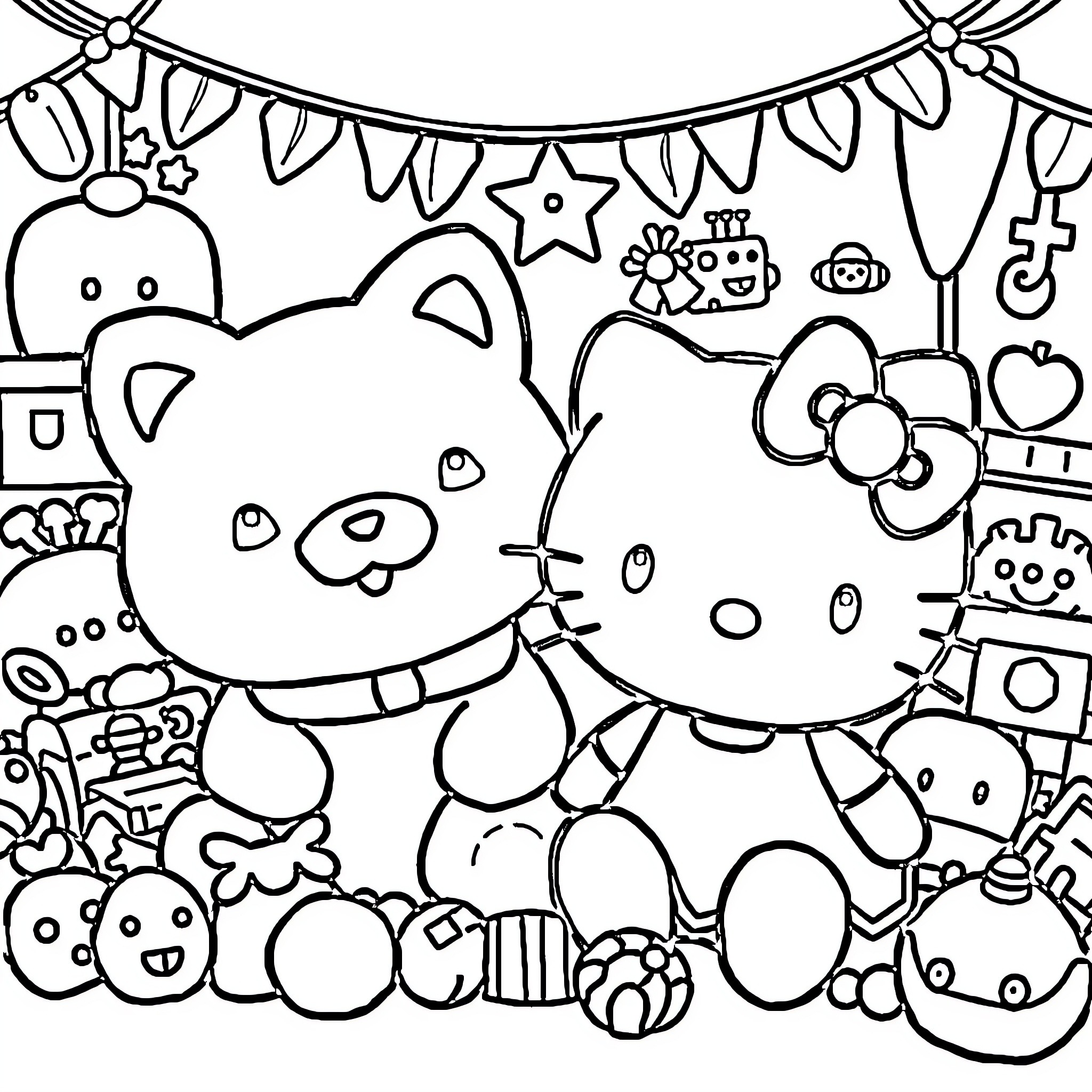 Labubu's Playful Party with Friends Coloring Page (free black-and-white line drawing printable PDF for all, from beginners to advanced learners, including children, teens, adults, and seniors)