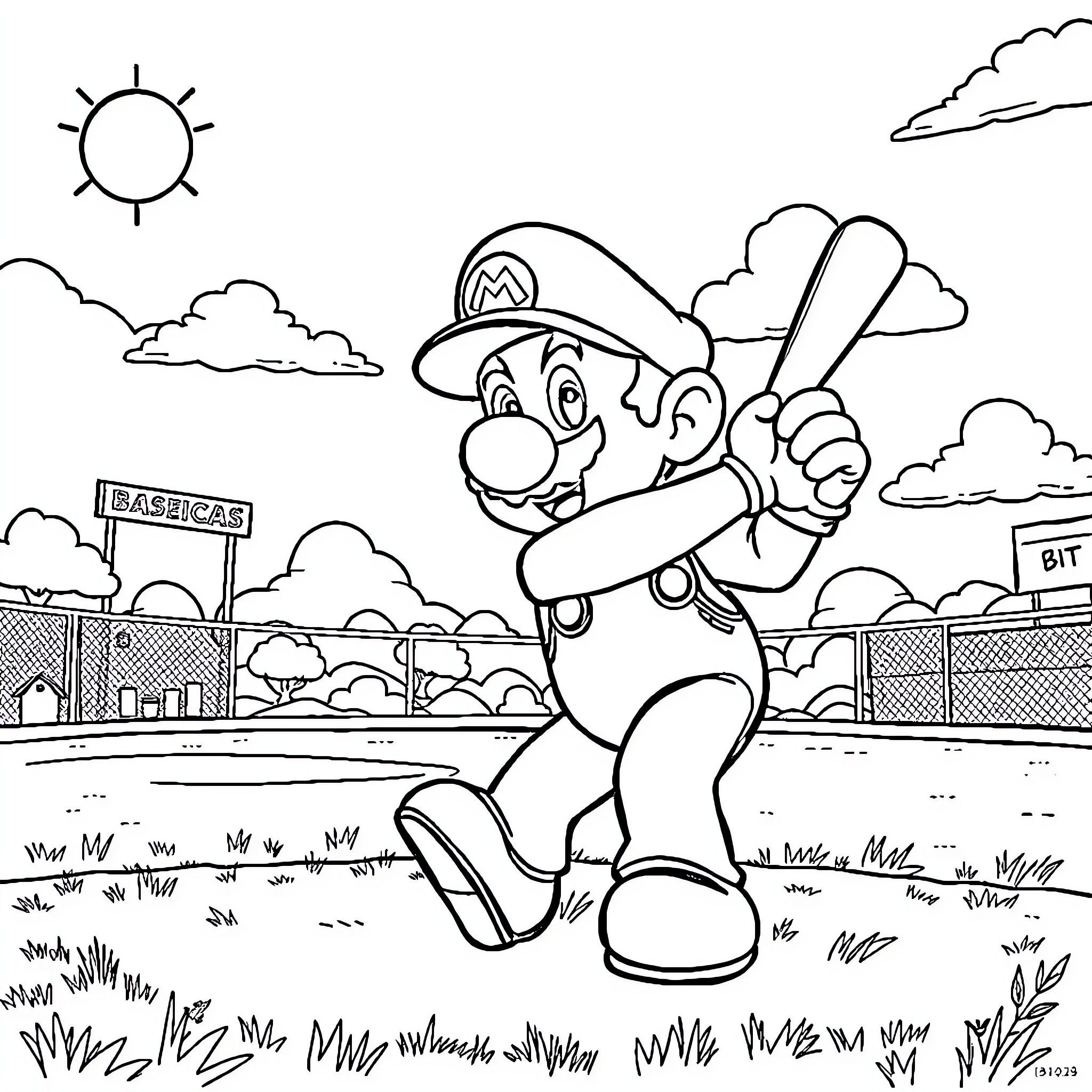 Mario leaping joyfully in outdoor scene Coloring Page (free black-and-white line drawing printable PDF for all, from beginners to advanced learners, including children, teens, adults, and seniors)