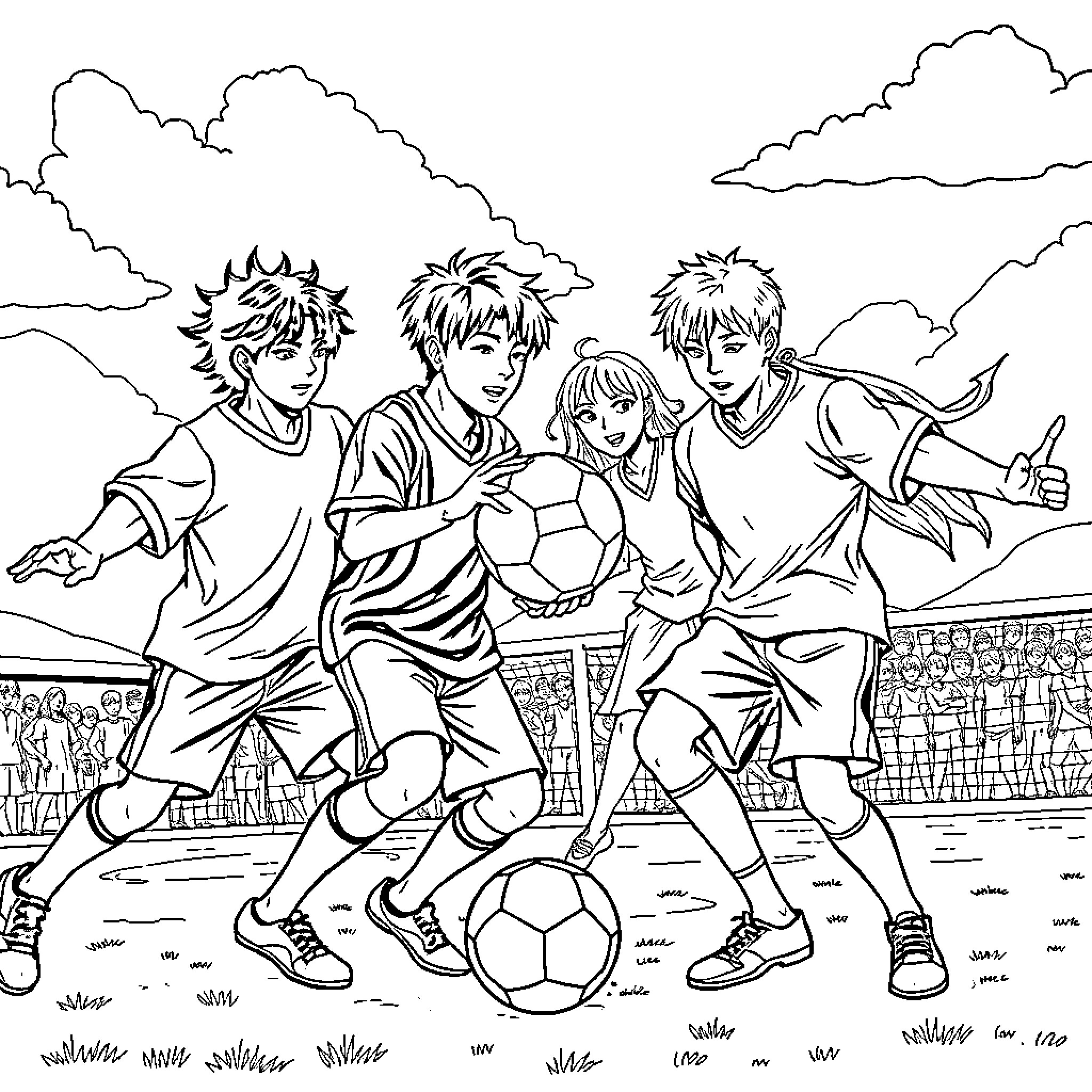 K Pop Energetic Soccer Players in Action Coloring Page (free black-and-white line drawing printable PDF for all, from beginners to advanced learners, including children, teens, adults, and seniors)