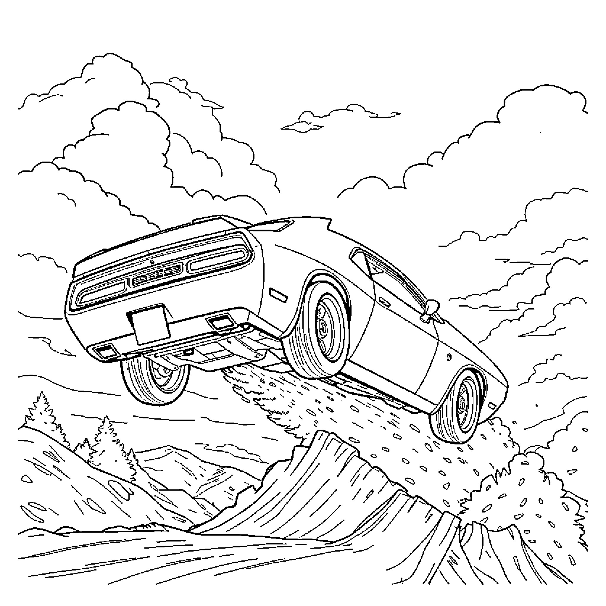 Challenger Jumps Over Rugged Terrain Coloring Page (free black-and-white line drawing printable PDF for all, from beginners to advanced learners, including children, teens, adults, and seniors)