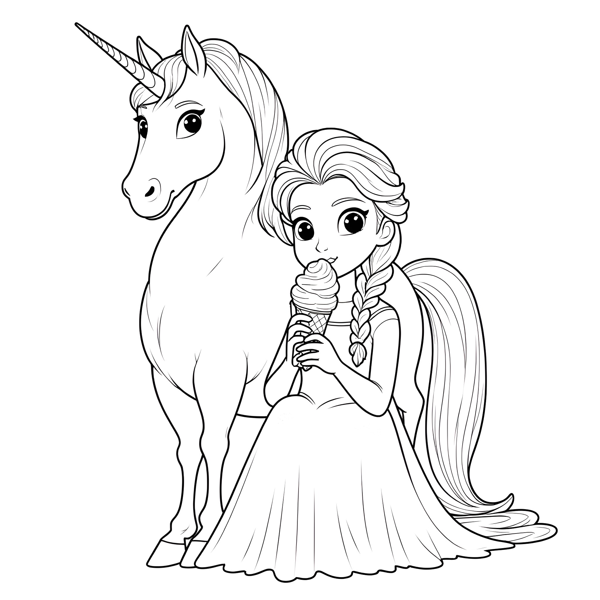 Elsa and her Magical Unicorn Friend Coloring Page (free black-and-white line drawing printable PDF for all, from beginners to advanced learners, including children, teens, adults, and seniors)