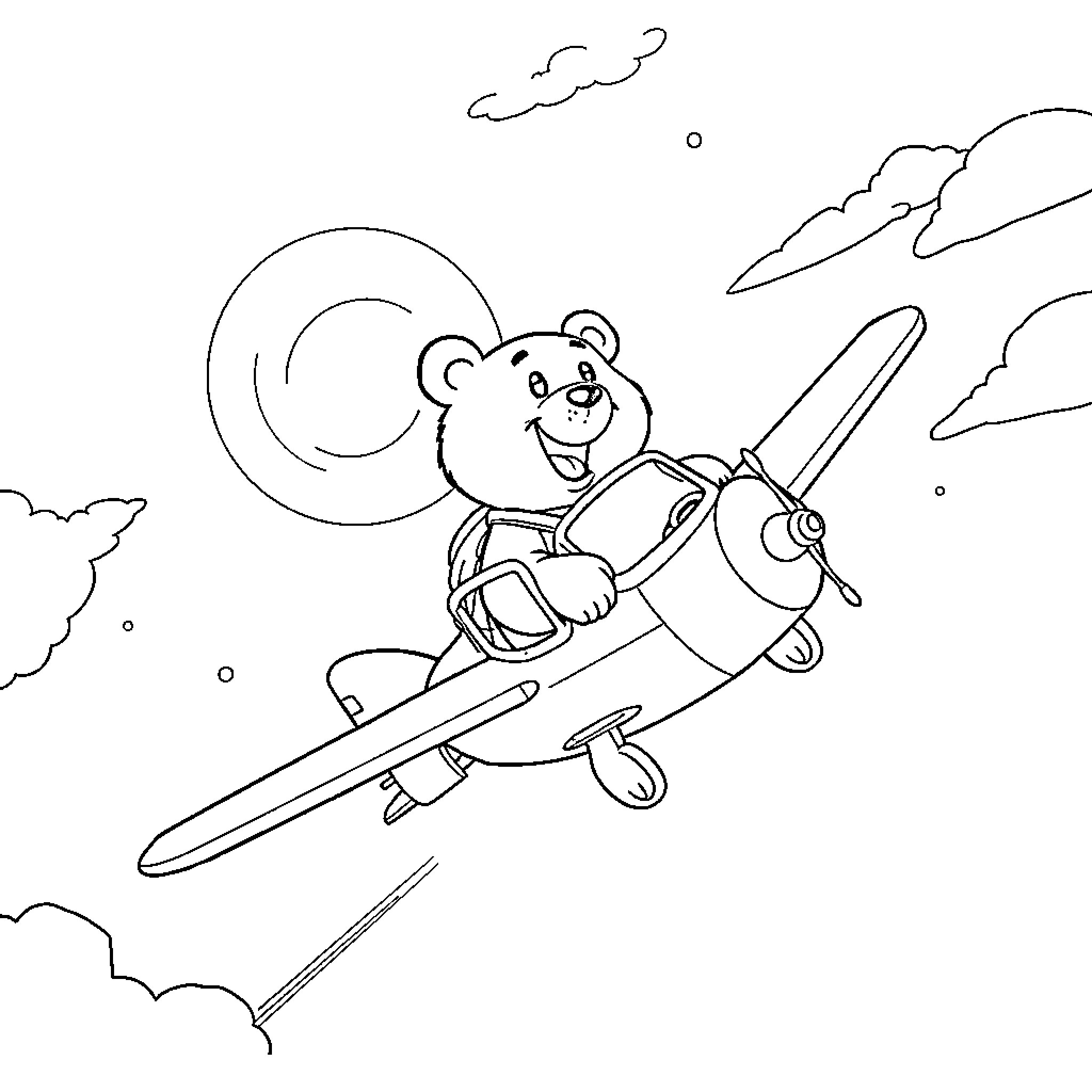 Bear flying a biplane in the sky Coloring Page (free black-and-white line drawing printable PDF for all, from beginners to advanced learners, including children, teens, adults, and seniors)