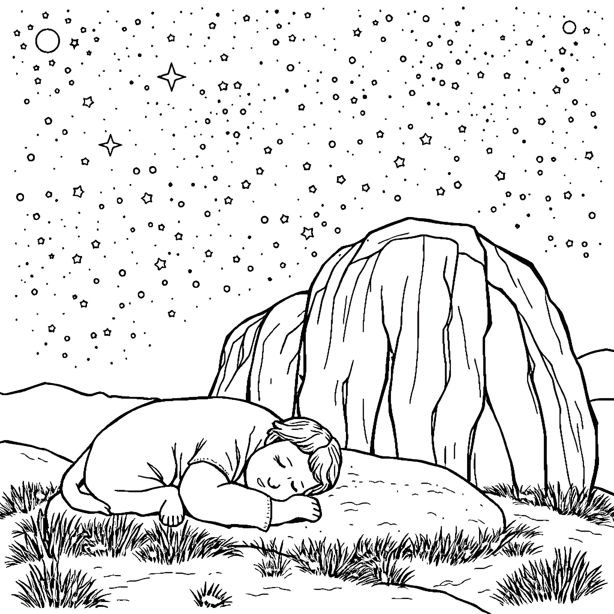 Giant slumbering figure under starry night sky Coloring Page (free black-and-white line drawing printable PDF for all, from beginners to advanced learners, including children, teens, adults, and seniors)