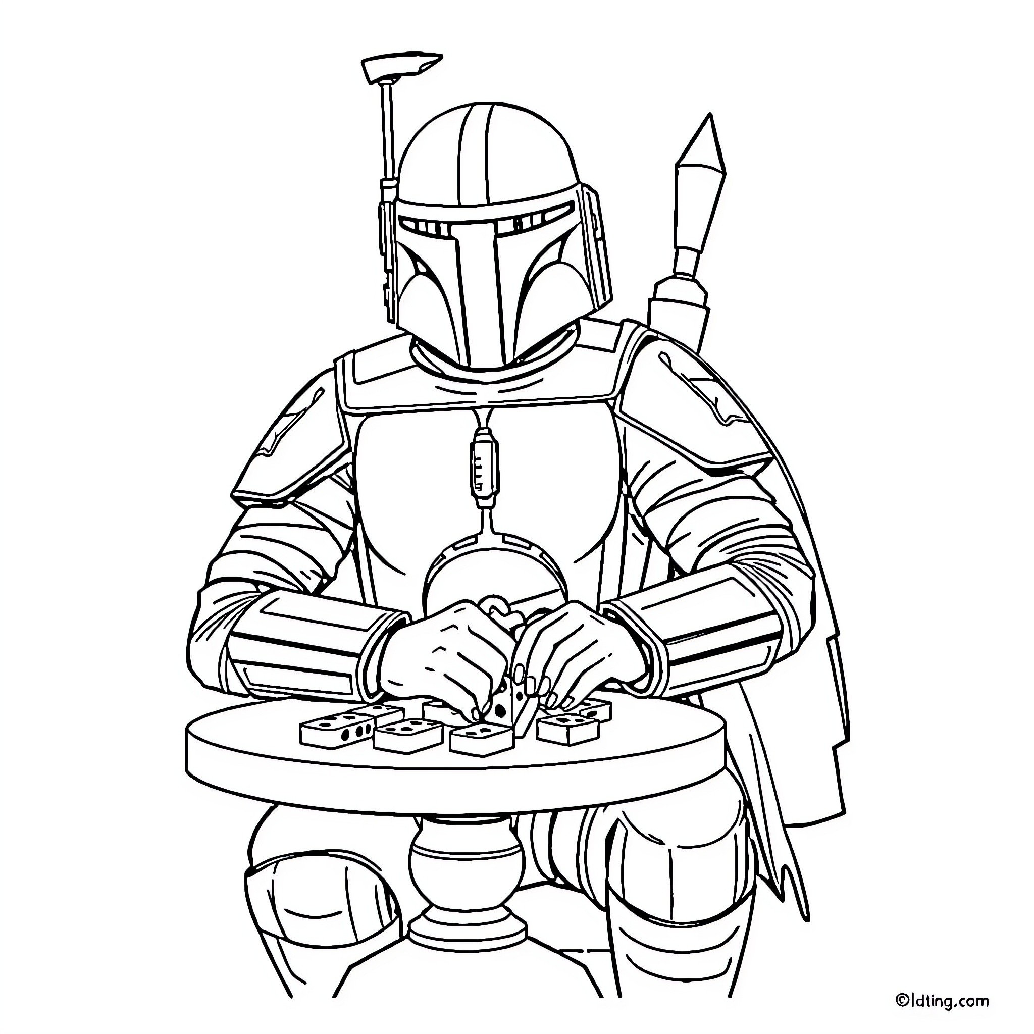 Boba Fett operating mysterious device Coloring Page (free black-and-white line drawing printable PDF for all, from beginners to advanced learners, including children, teens, adults, and seniors)