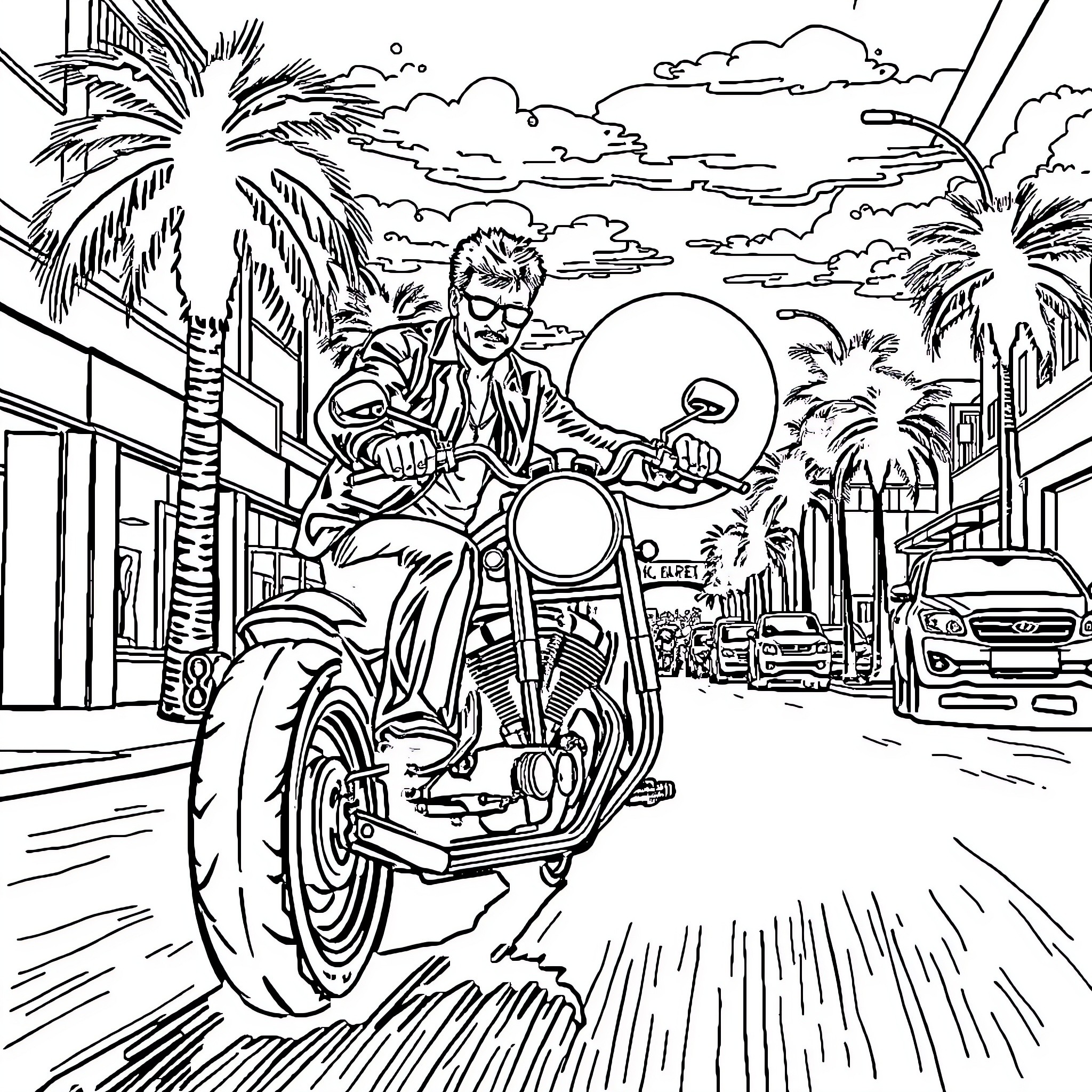 Tony Montana's Motorcycle Mayhem in Miami Coloring Page (free black-and-white line drawing printable PDF for all, from beginners to advanced learners, including children, teens, adults, and seniors)