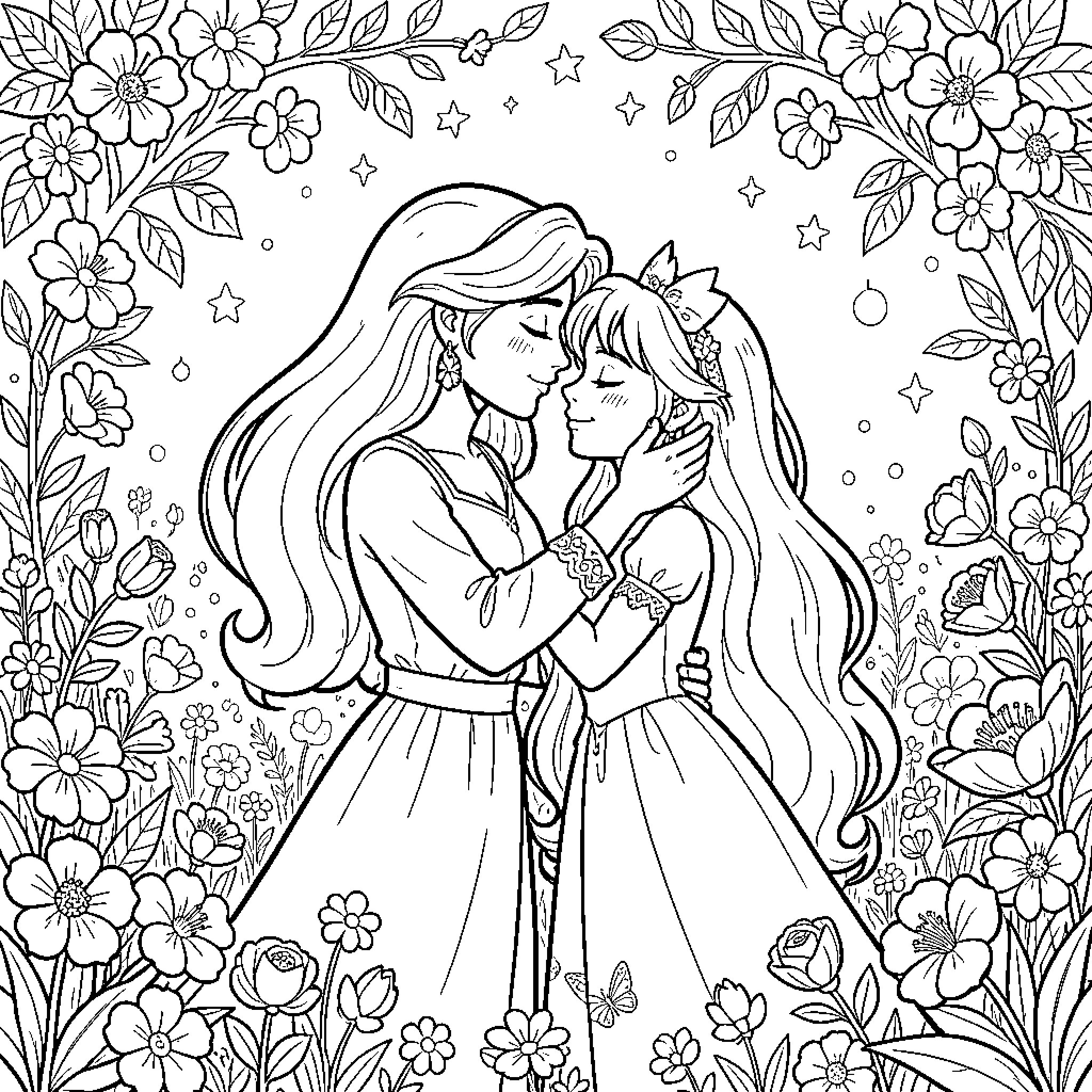 Ariel and Princess Aurora sharing a tender moment Coloring Page (free black-and-white line drawing printable PDF for all, from beginners to advanced learners, including children, teens, adults, and seniors)