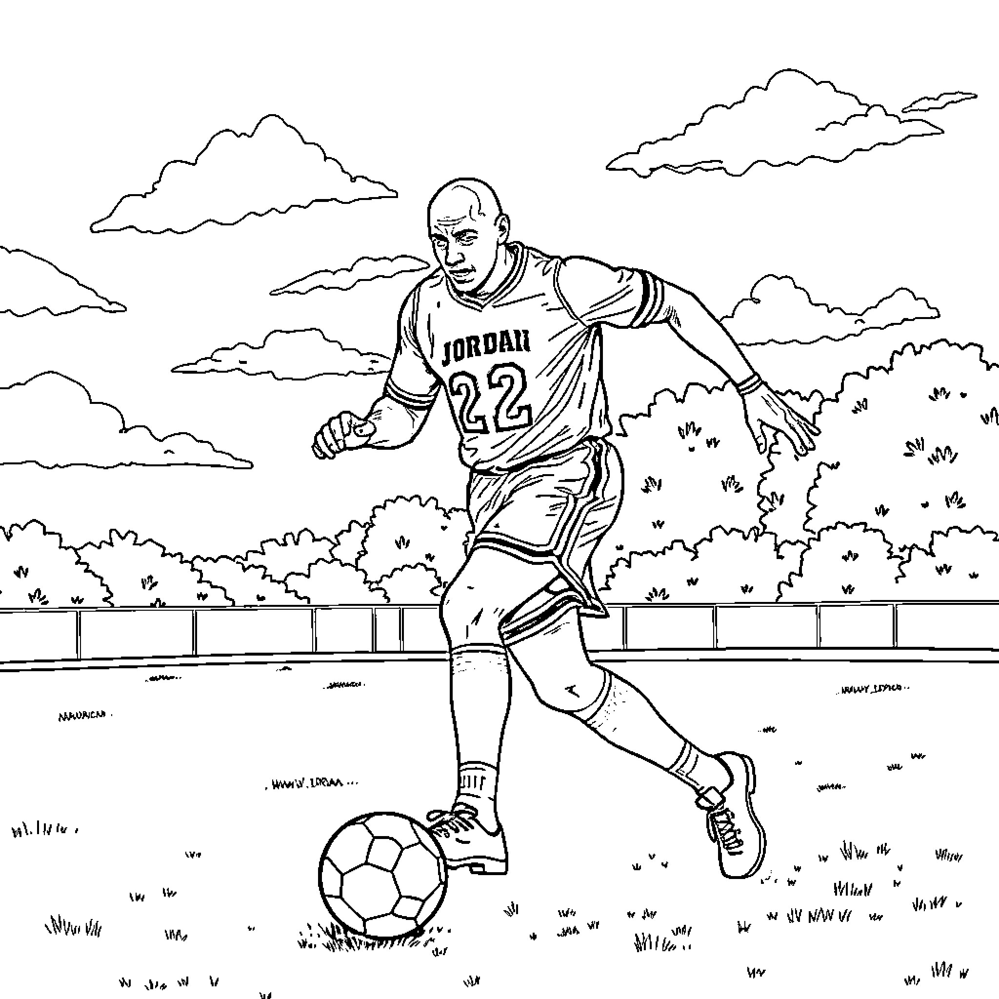 Michael Jordan playing soccer on the field Coloring Page (free black-and-white line drawing printable PDF for all, from beginners to advanced learners, including children, teens, adults, and seniors)