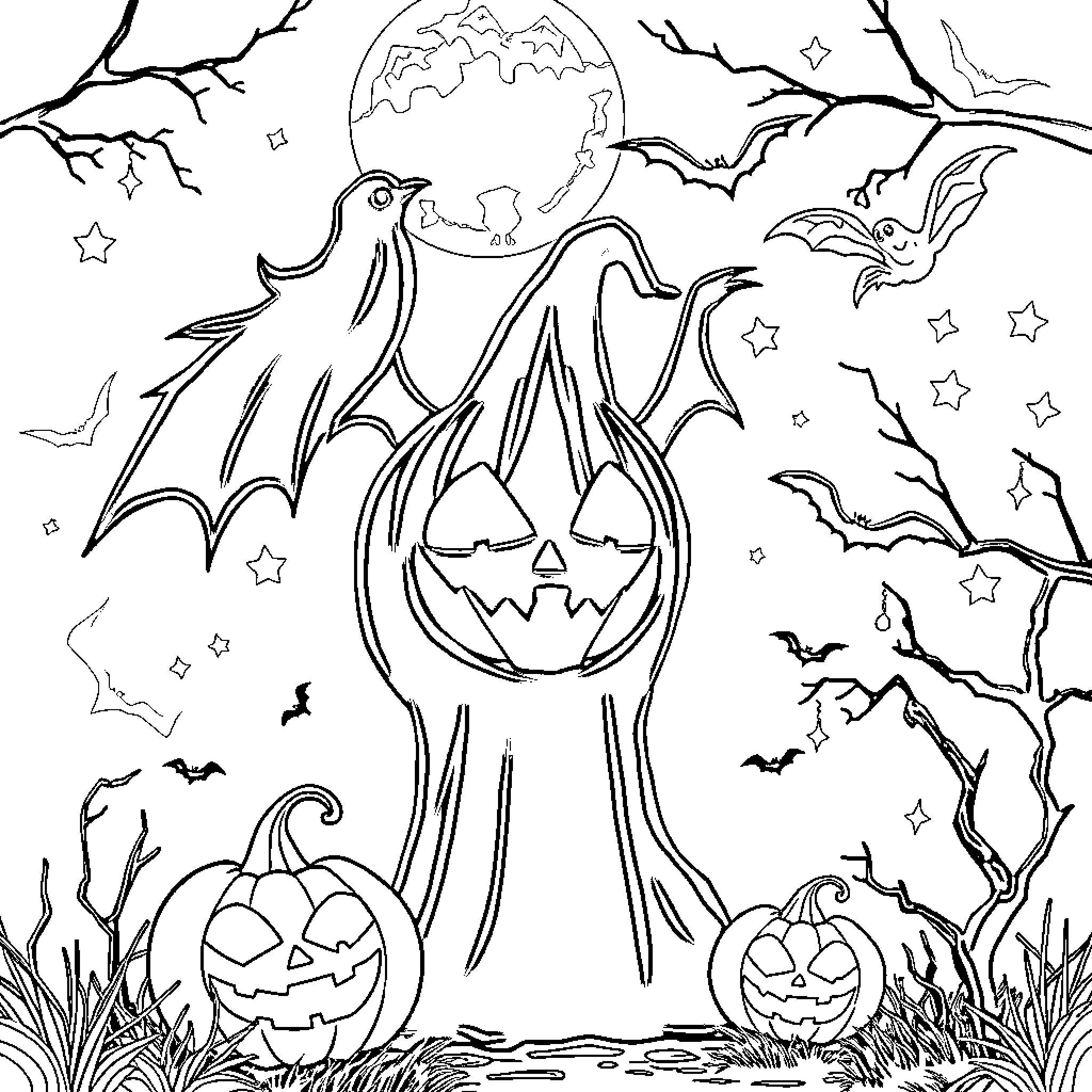 Halloween Night with Spooky Pumpkins and Bats Coloring Page (free black-and-white line drawing printable PDF for all, from beginners to advanced learners, including children, teens, adults, and seniors)