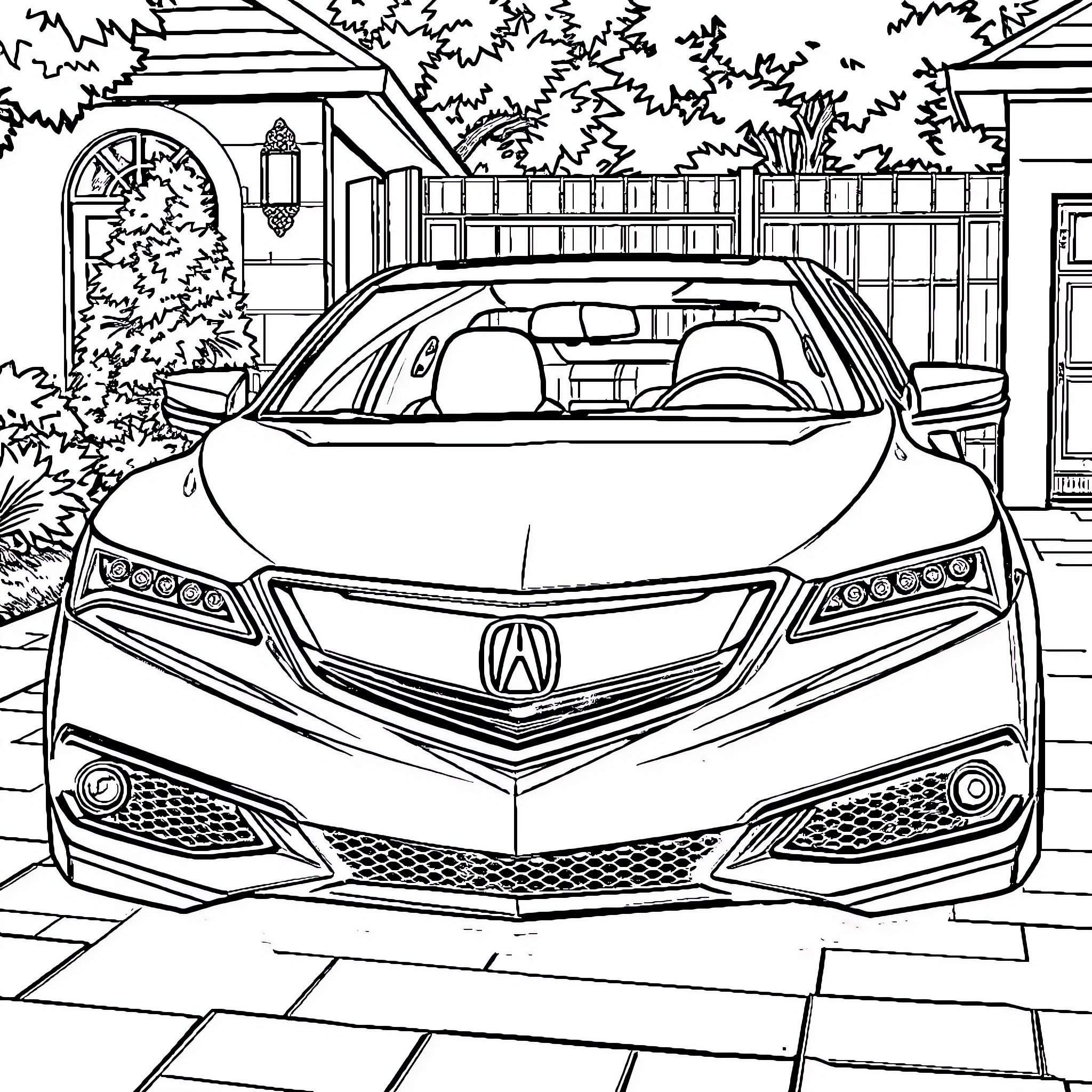 Acura vehicle parked in a residential neighborhood Coloring Page (free black-and-white line drawing printable PDF for all, from beginners to advanced learners, including children, teens, adults, and seniors)