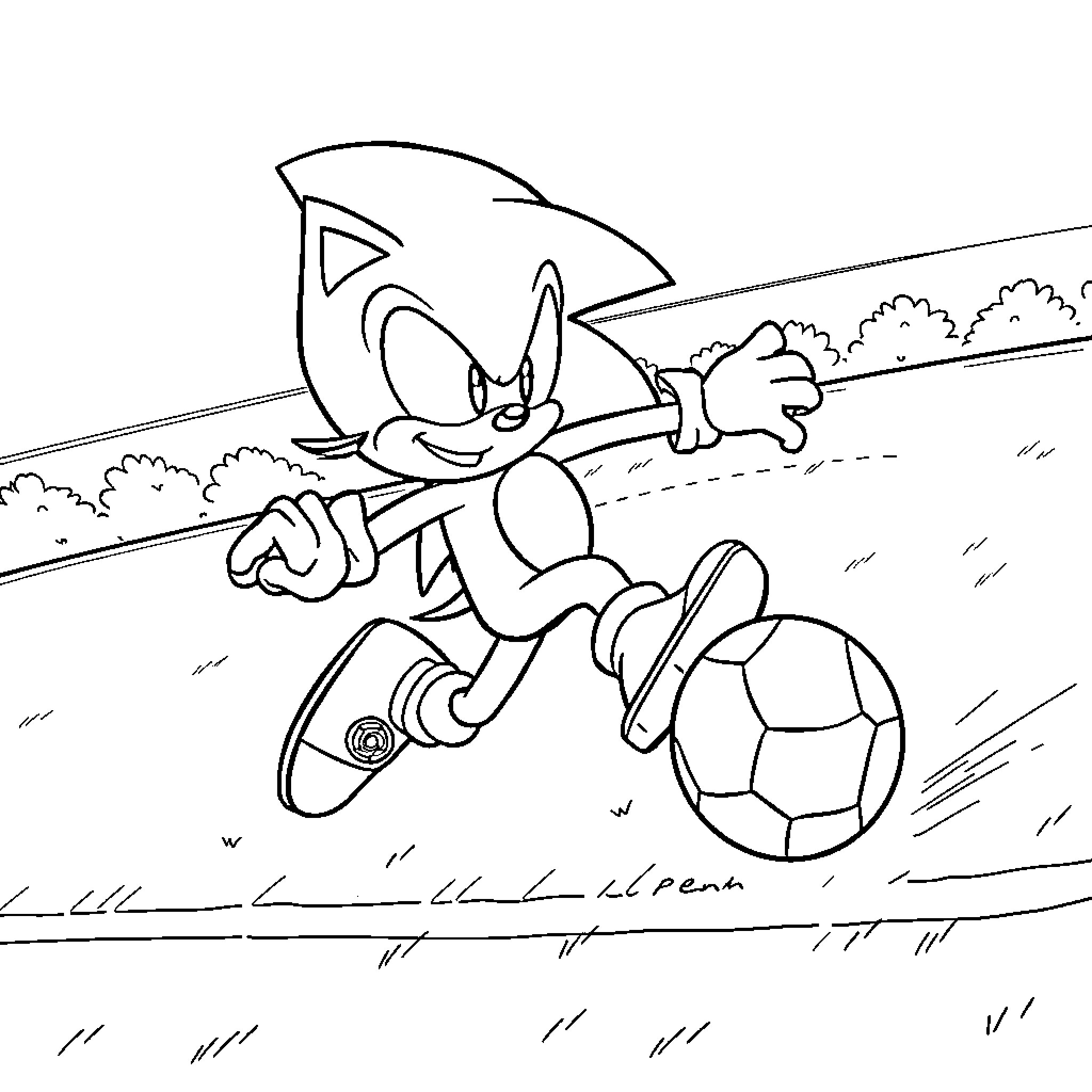Sonic the Hedgehog kicking a soccer ball on the field Coloring Page (free black-and-white line drawing printable PDF for all, from beginners to advanced learners, including children, teens, adults, and seniors)