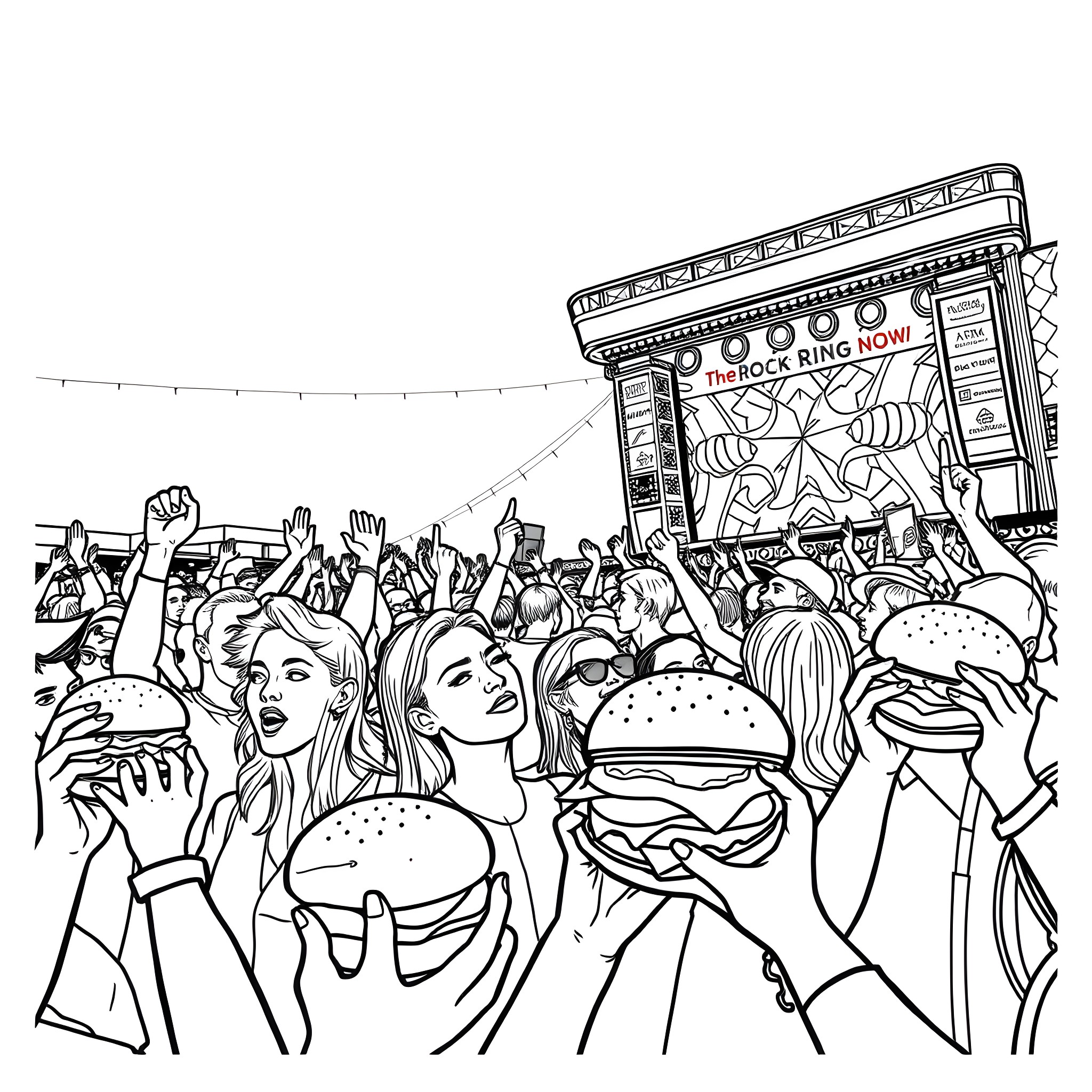 Burger enthusiasts enjoy live music festival Coloring Page (free black-and-white line drawing printable PDF for all, from beginners to advanced learners, including children, teens, adults, and seniors)