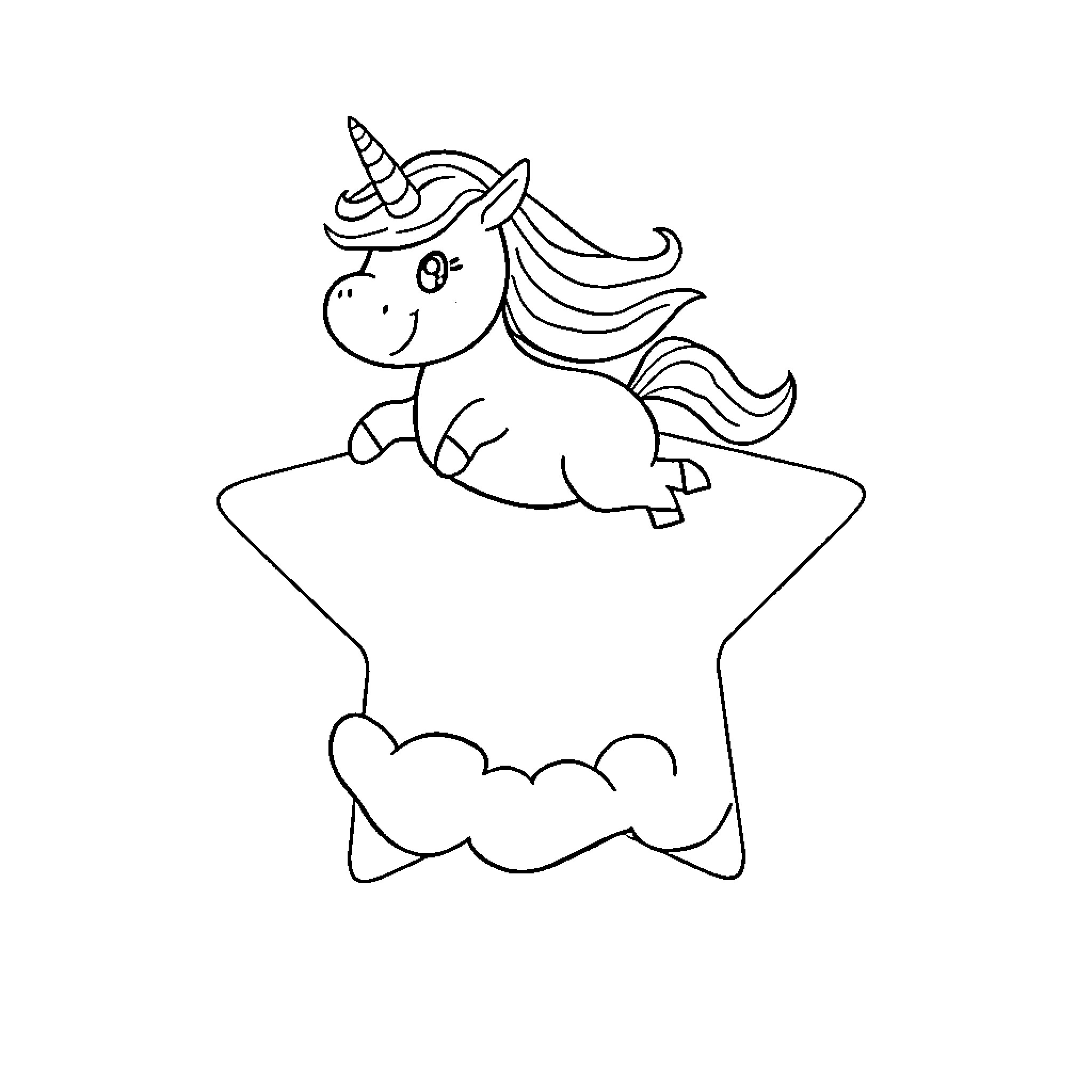 Unicorn resting on a star-shaped cloud Coloring Page (free black-and-white line drawing printable PDF for all, from beginners to advanced learners, including children, teens, adults, and seniors)