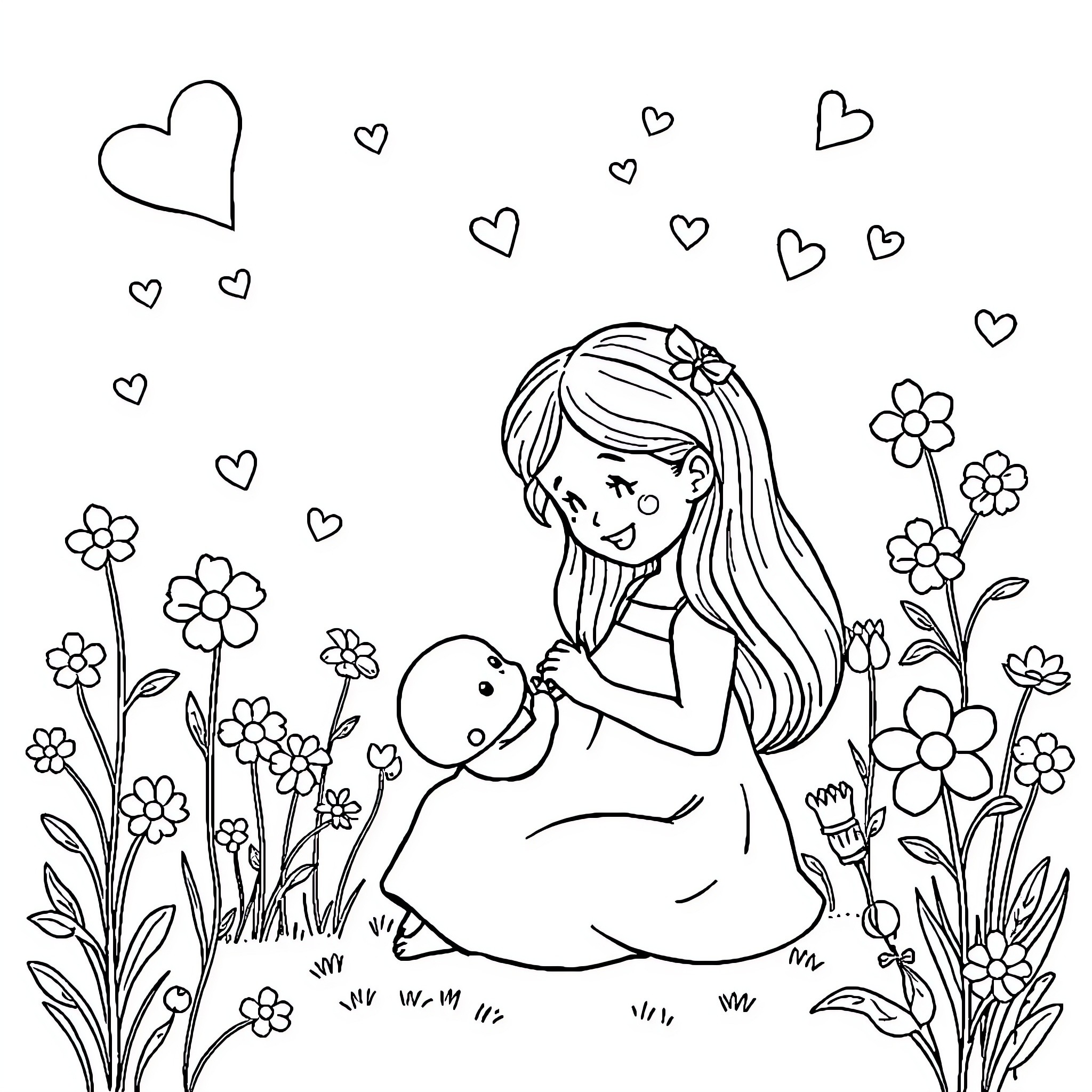 Fille playing with bird and flowers Coloring Page (free black-and-white line drawing printable PDF for all, from beginners to advanced learners, including children, teens, adults, and seniors)