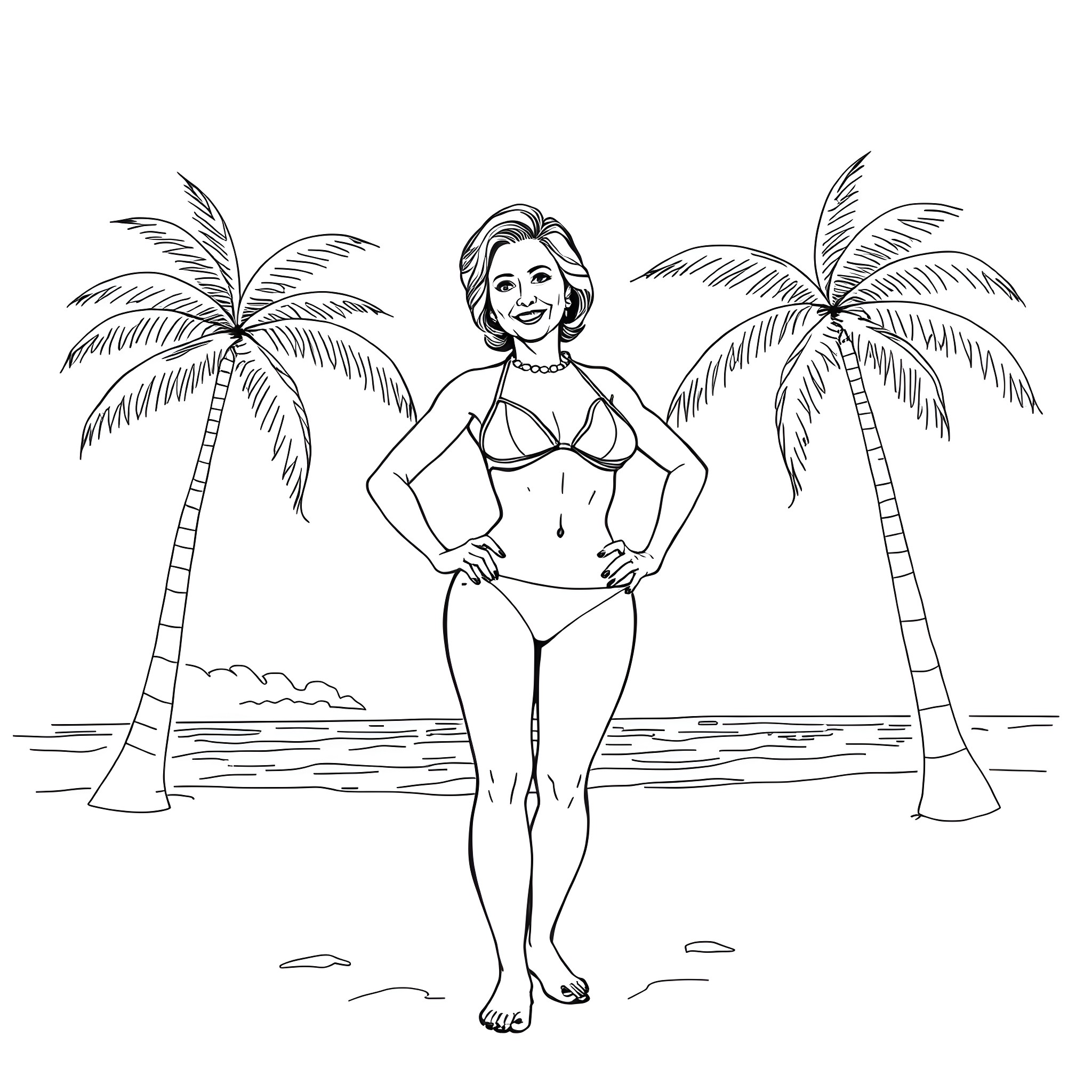 Hillary Clinton in a bikini on a tropical beach Coloring Page (free black-and-white line drawing printable PDF for all, from beginners to advanced learners, including children, teens, adults, and seniors)