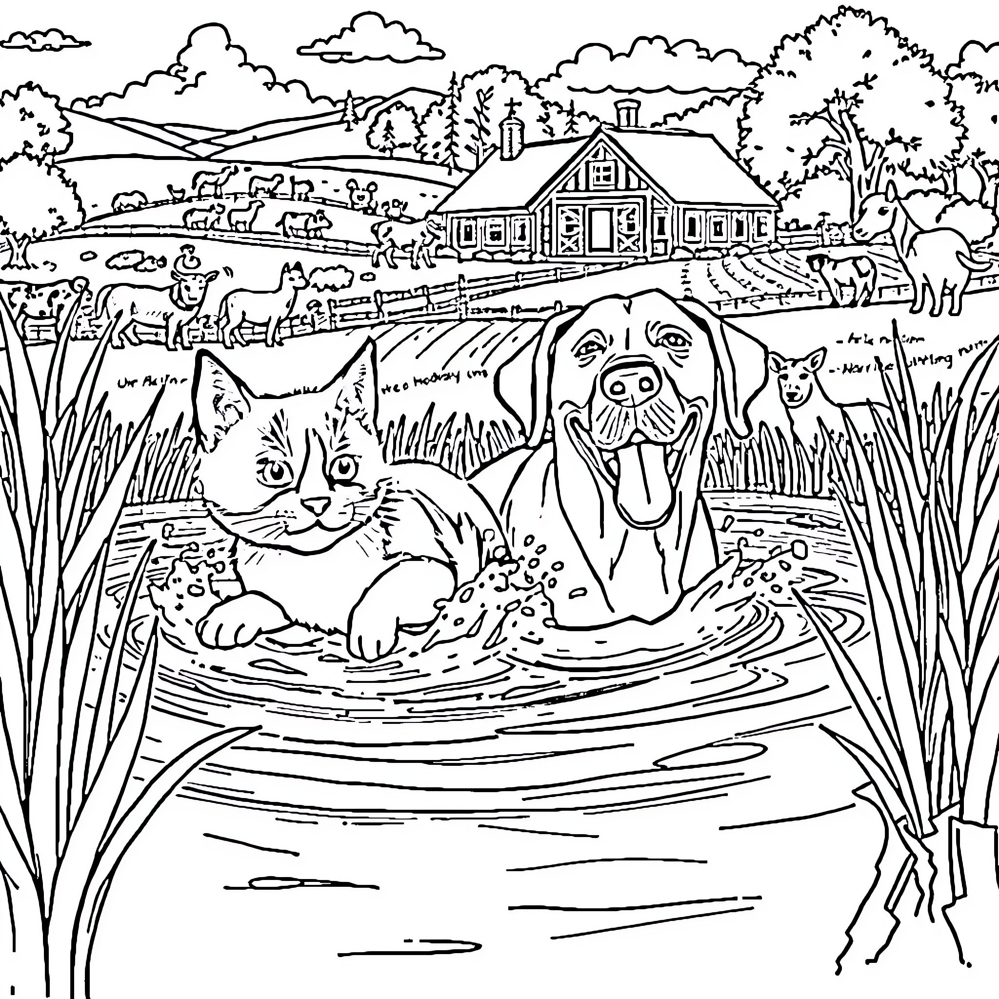 Cat and Dog Playing in the Countryside Pond Coloring Page (free black-and-white line drawing printable PDF for all, from beginners to advanced learners, including children, teens, adults, and seniors)