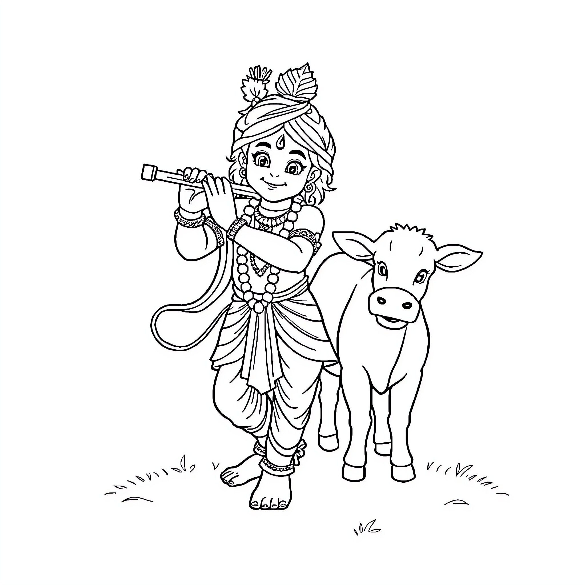 Krishna playing with calf in pastoral scene Coloring Page (free black-and-white line drawing printable PDF for all, from beginners to advanced learners, including children, teens, adults, and seniors)