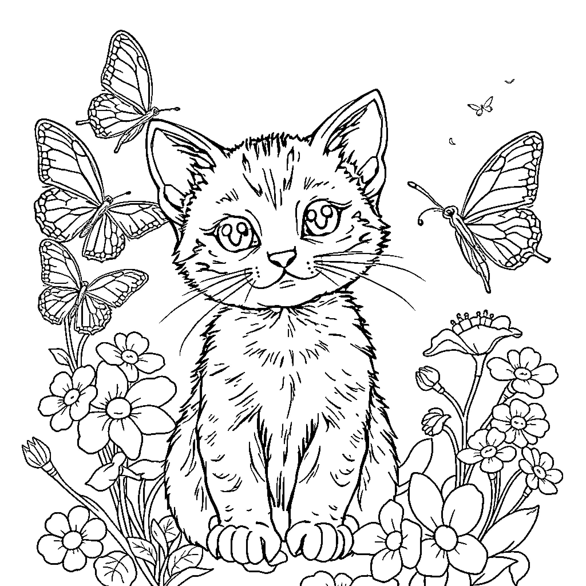 Gato surrounded by butterflies and flowers Coloring Page (free black-and-white line drawing printable PDF for all, from beginners to advanced learners, including children, teens, adults, and seniors)