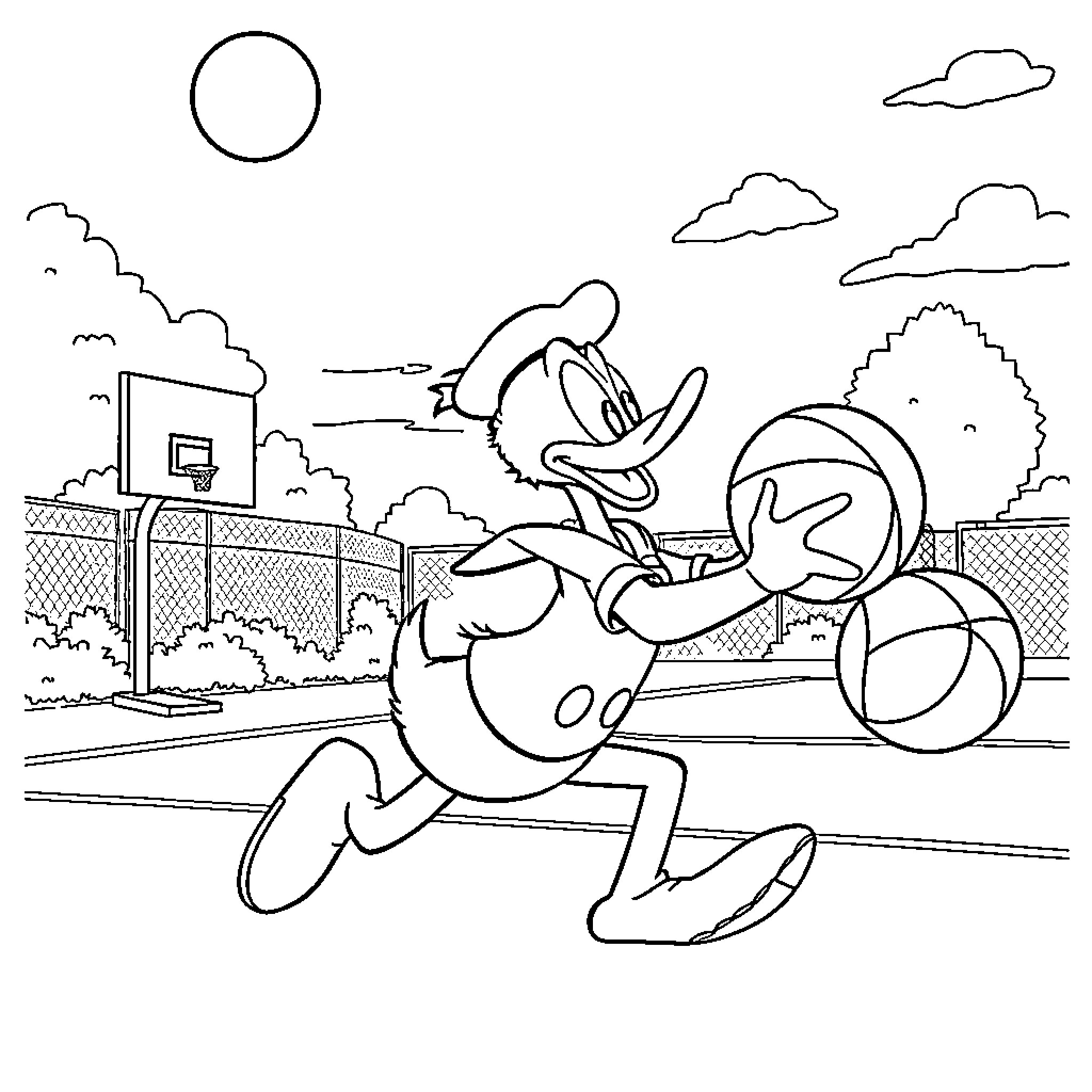 Donald Duck playing basketball on outdoor court Coloring Page (free black-and-white line drawing printable PDF for all, from beginners to advanced learners, including children, teens, adults, and seniors)