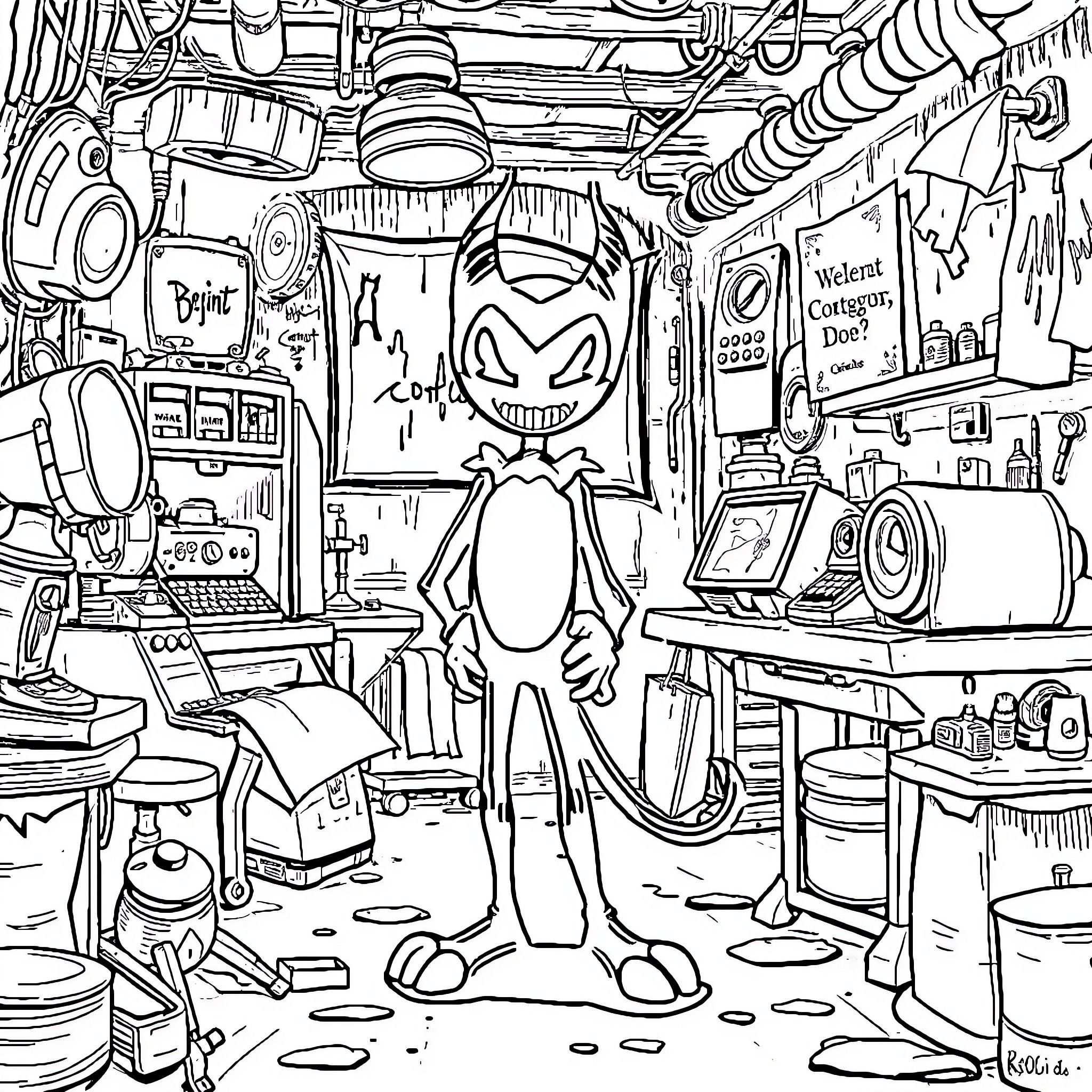 Bendy exploring a cluttered and quirky workshop Coloring Page (free black-and-white line drawing printable PDF for all, from beginners to advanced learners, including children, teens, adults, and seniors)