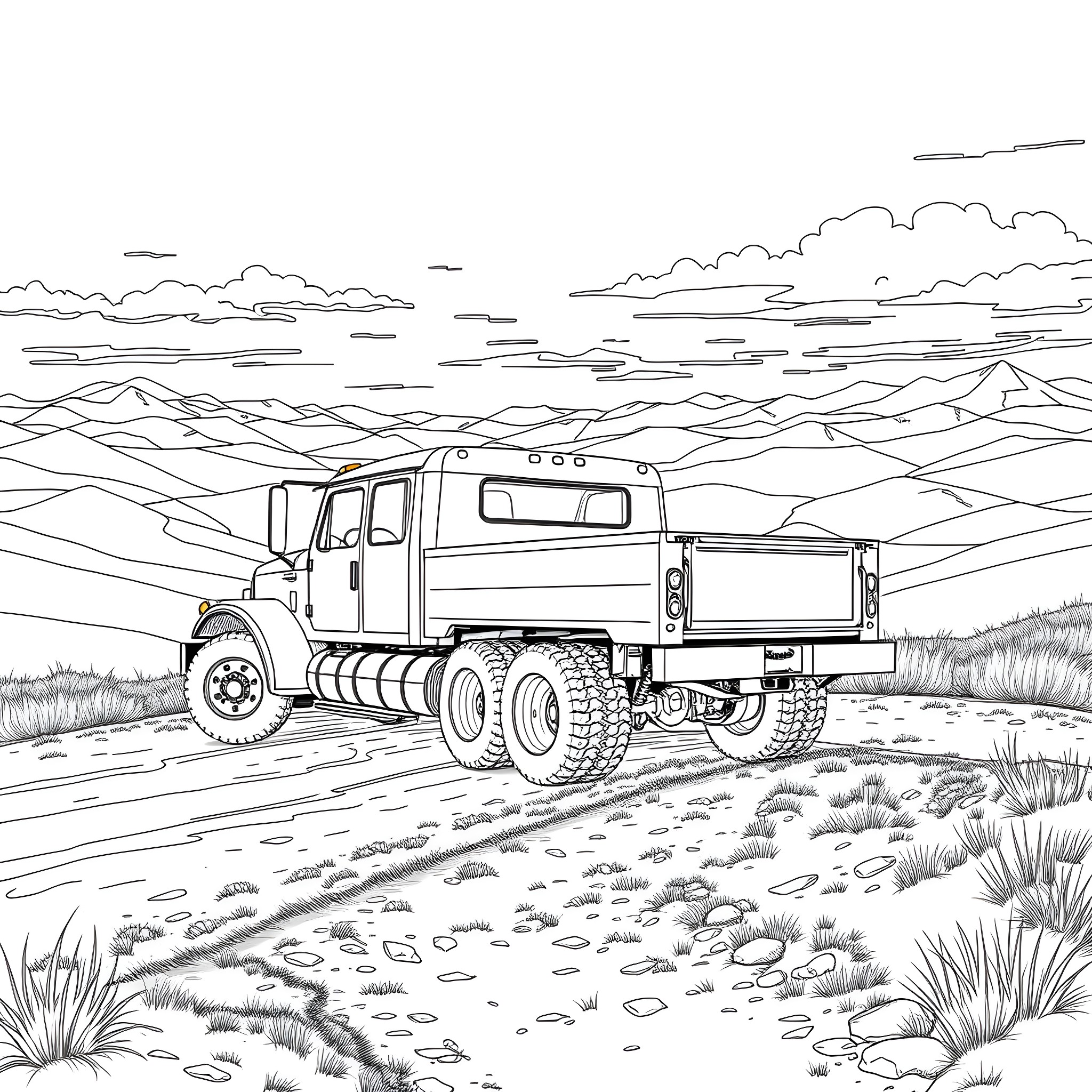 Dually Truck Traversing Rugged Terrain Coloring Page (free black-and-white line drawing printable PDF for all, from beginners to advanced learners, including children, teens, adults, and seniors)
