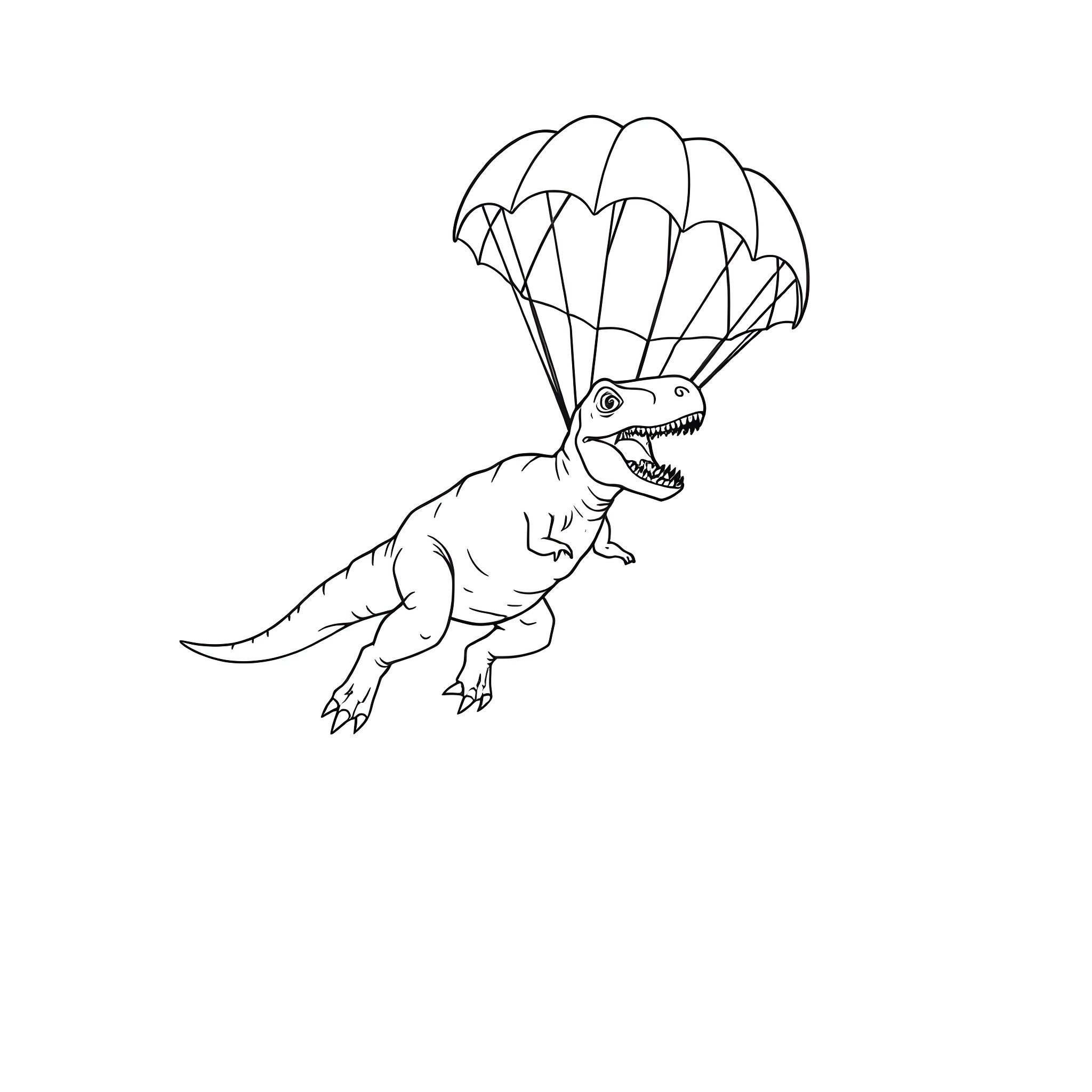 T-Rex skydiving with parachute Coloring Page (free black-and-white line drawing printable PDF for all, from beginners to advanced learners, including children, teens, adults, and seniors)
