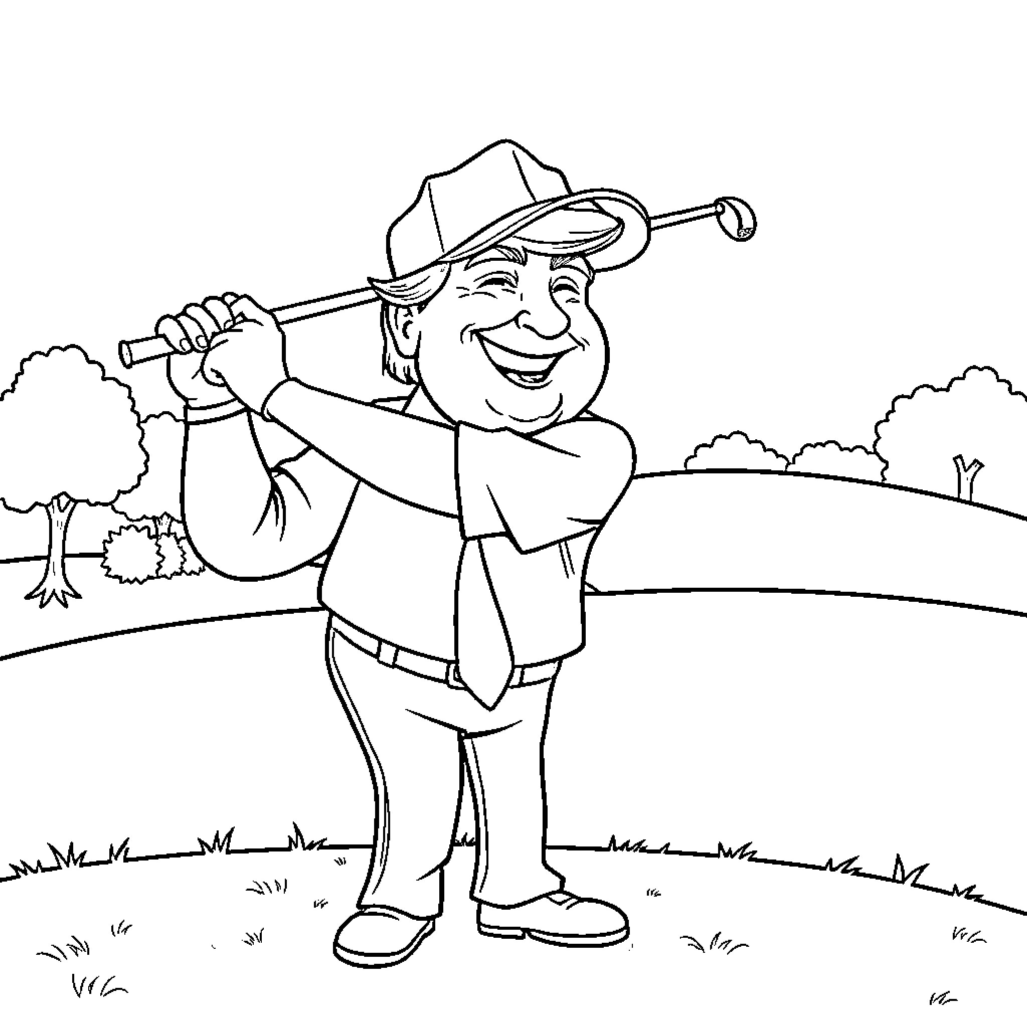 President Trump golfing outdoors Coloring Page (free black-and-white line drawing printable PDF for all, from beginners to advanced learners, including children, teens, adults, and seniors)